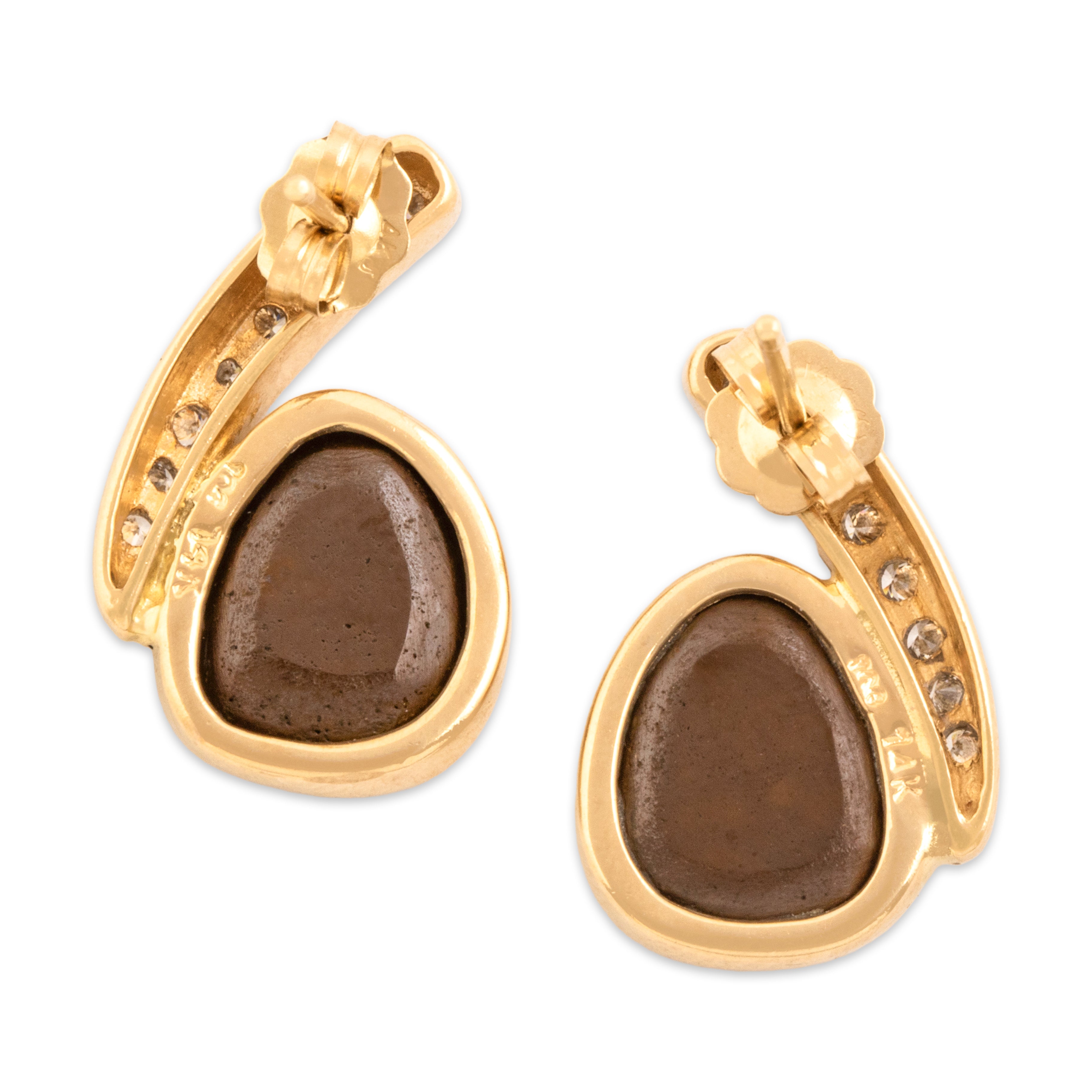Vintage 14k Yellow Gold Diamond Blue Opal Doublet Asymmetrical Glowing Pebble Stud Drop Earrings - Back view