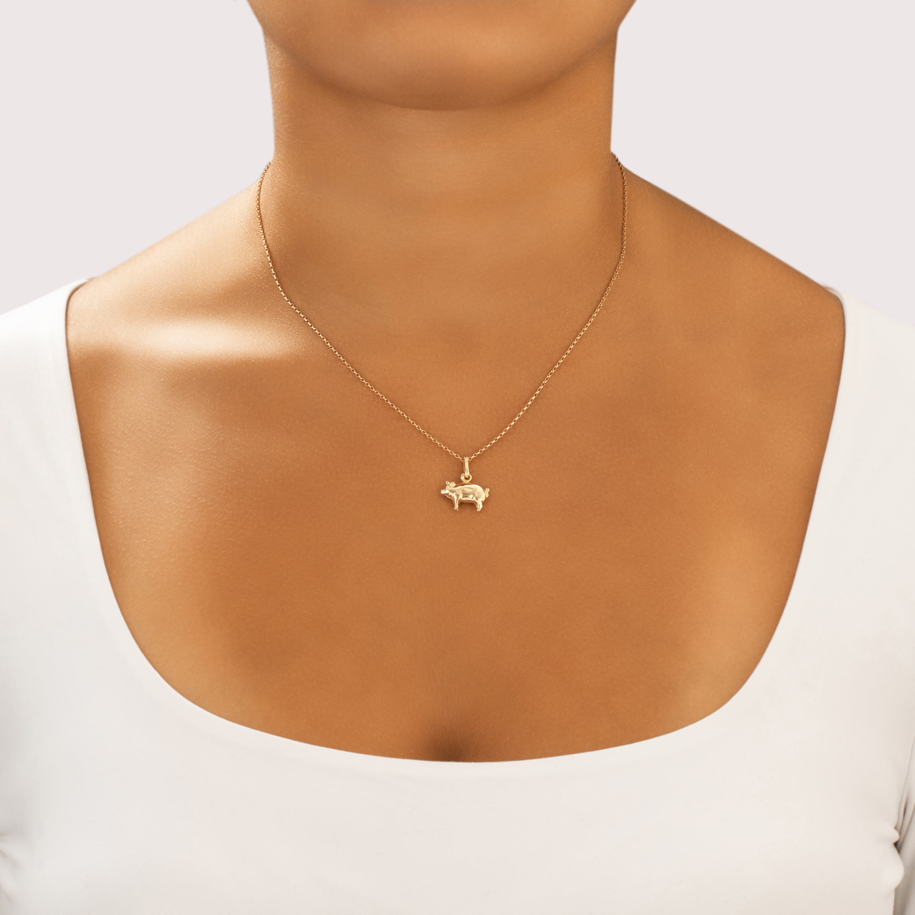 Vintage Italian 14k Yellow Gold Adorable Little Pig Charm / Pendant - On model view