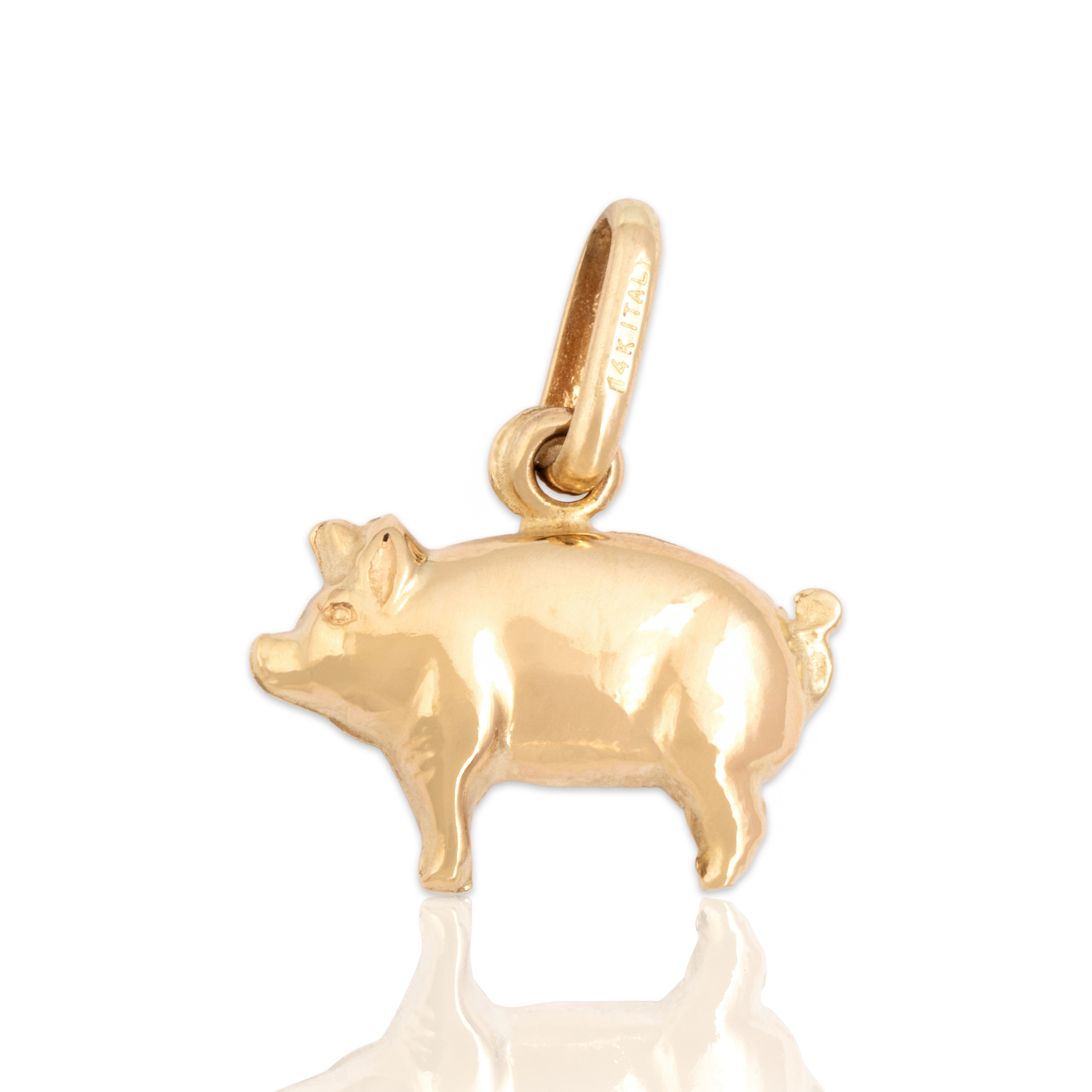 Vintage Italian 14k Yellow Gold Adorable Little Pig Charm / Pendant - Close-up view