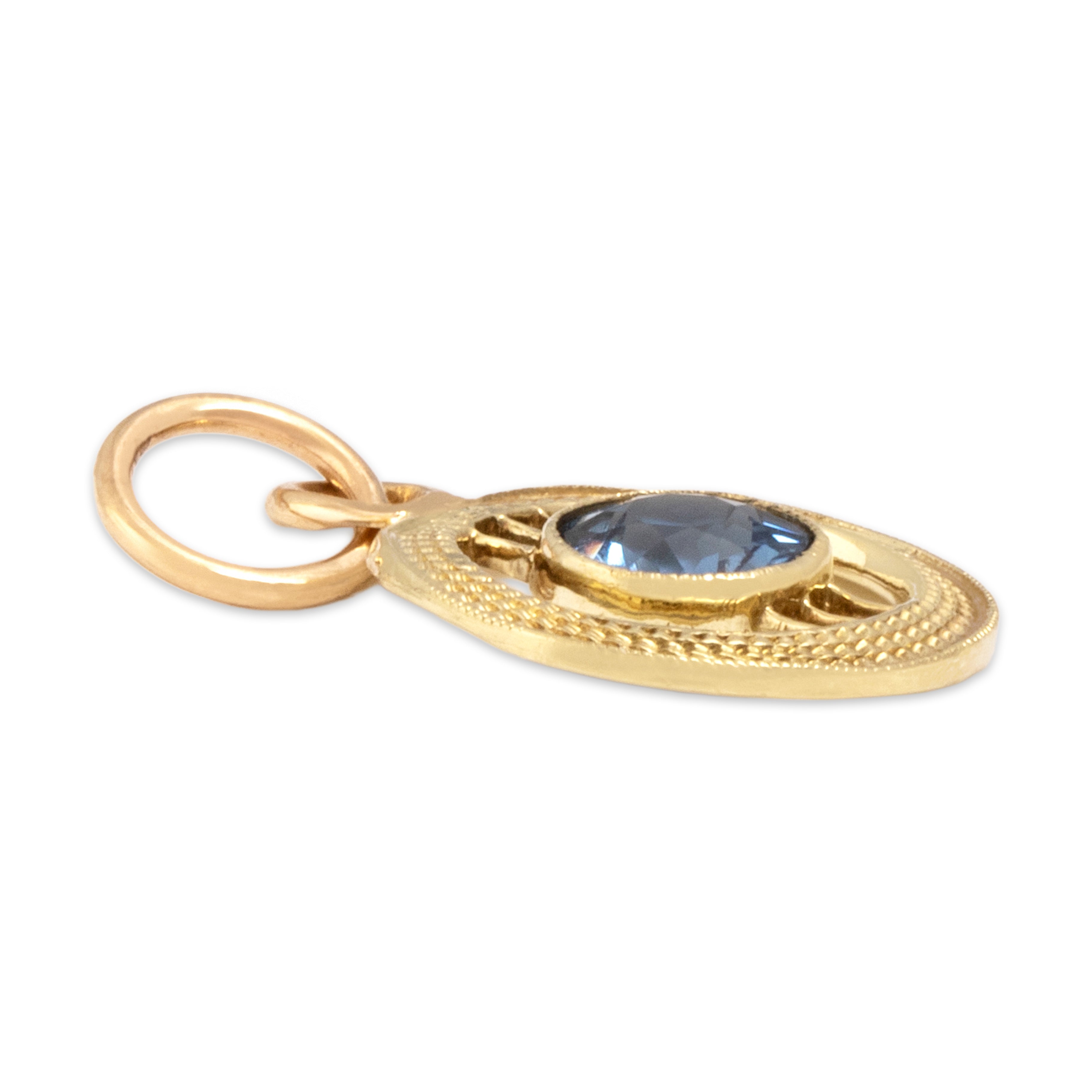 Antique Small 14k Yellow Gold Light Blue Synthetic Sapphire Textured Open Circle Charm / Pendant - Side view