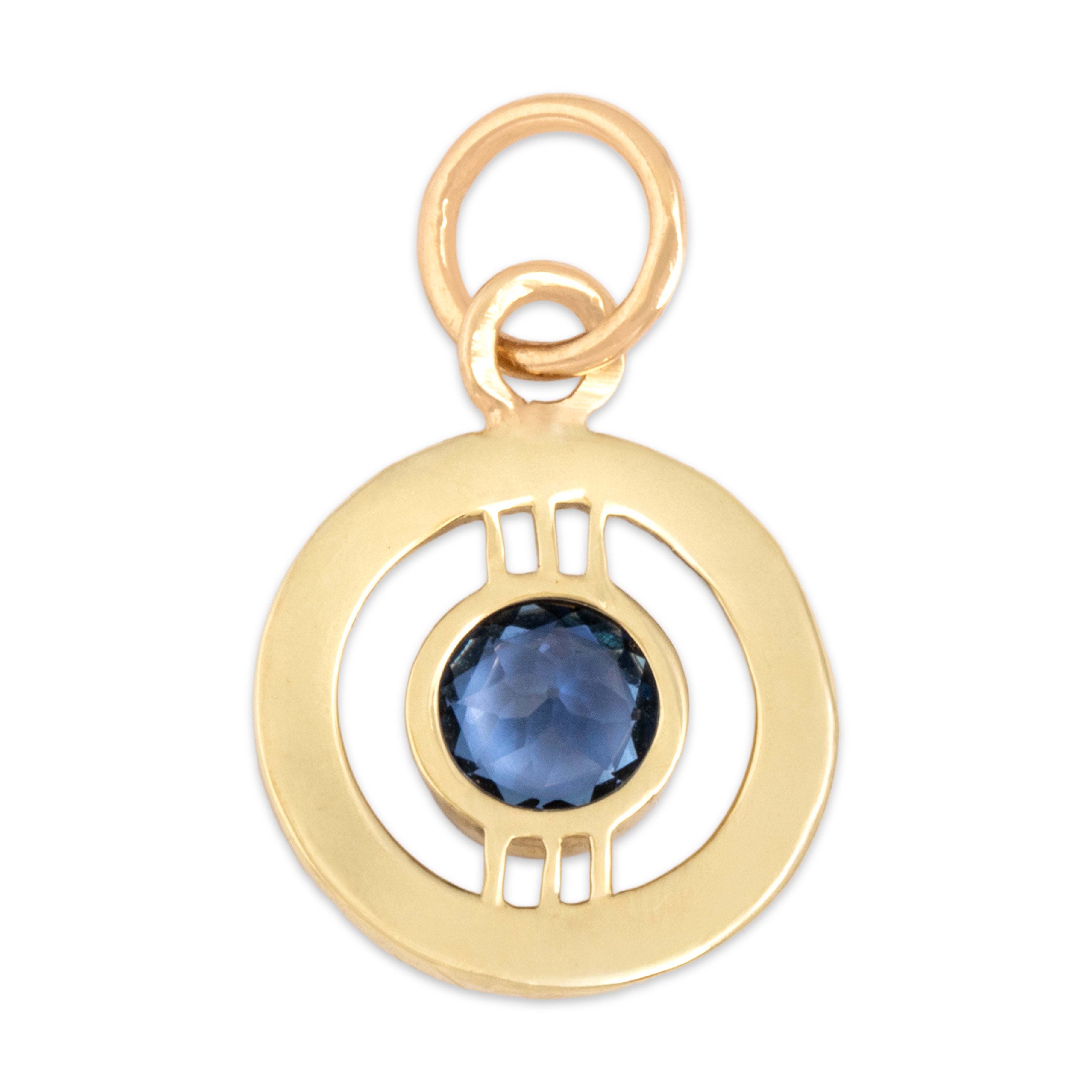 Antique Small 14k Yellow Gold Light Blue Synthetic Sapphire Textured Open Circle Charm / Pendant - Back view