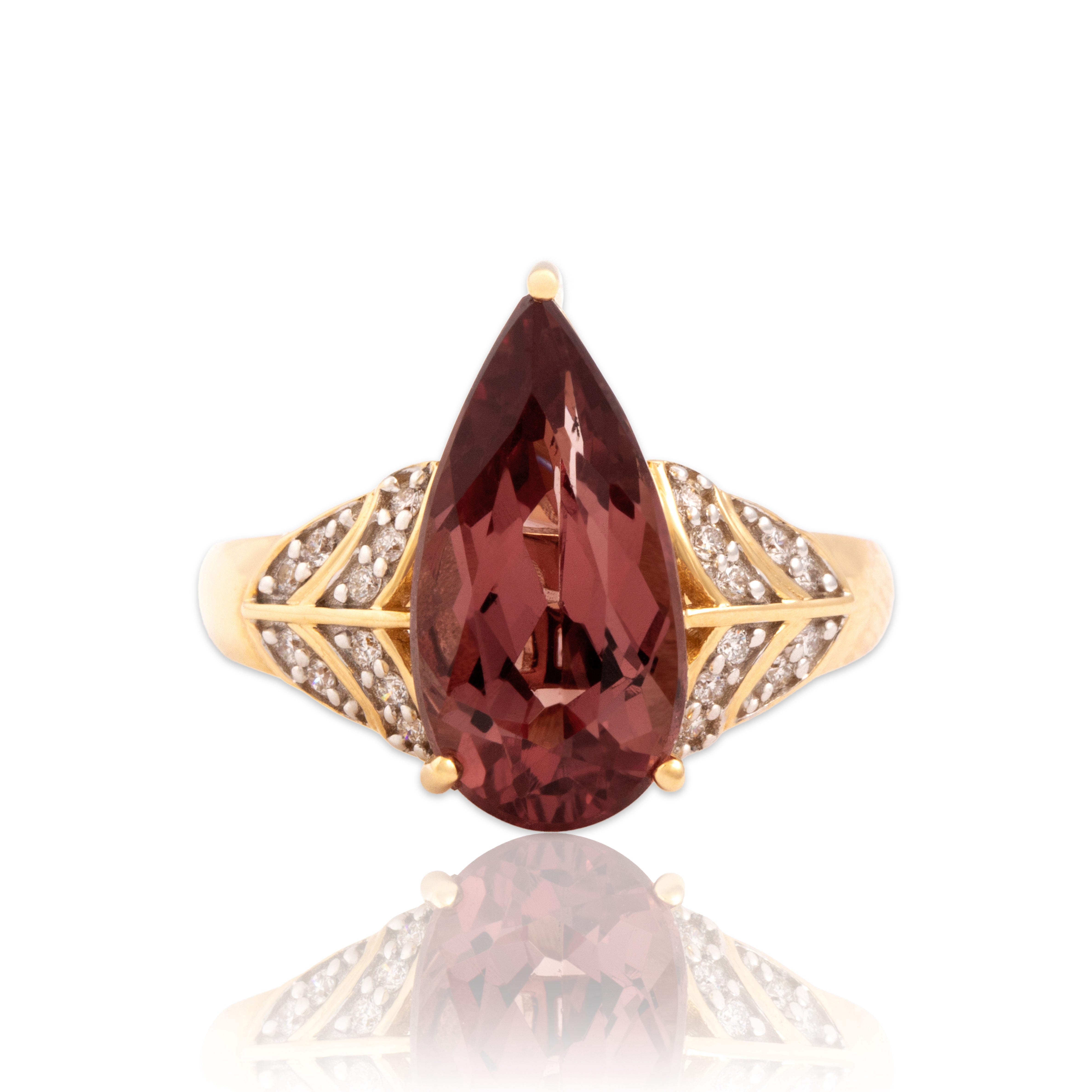 Estate Lance Fischer 14k Yellow Gold 4.1ct Red Apatite Diamond Pear Ring 7.00