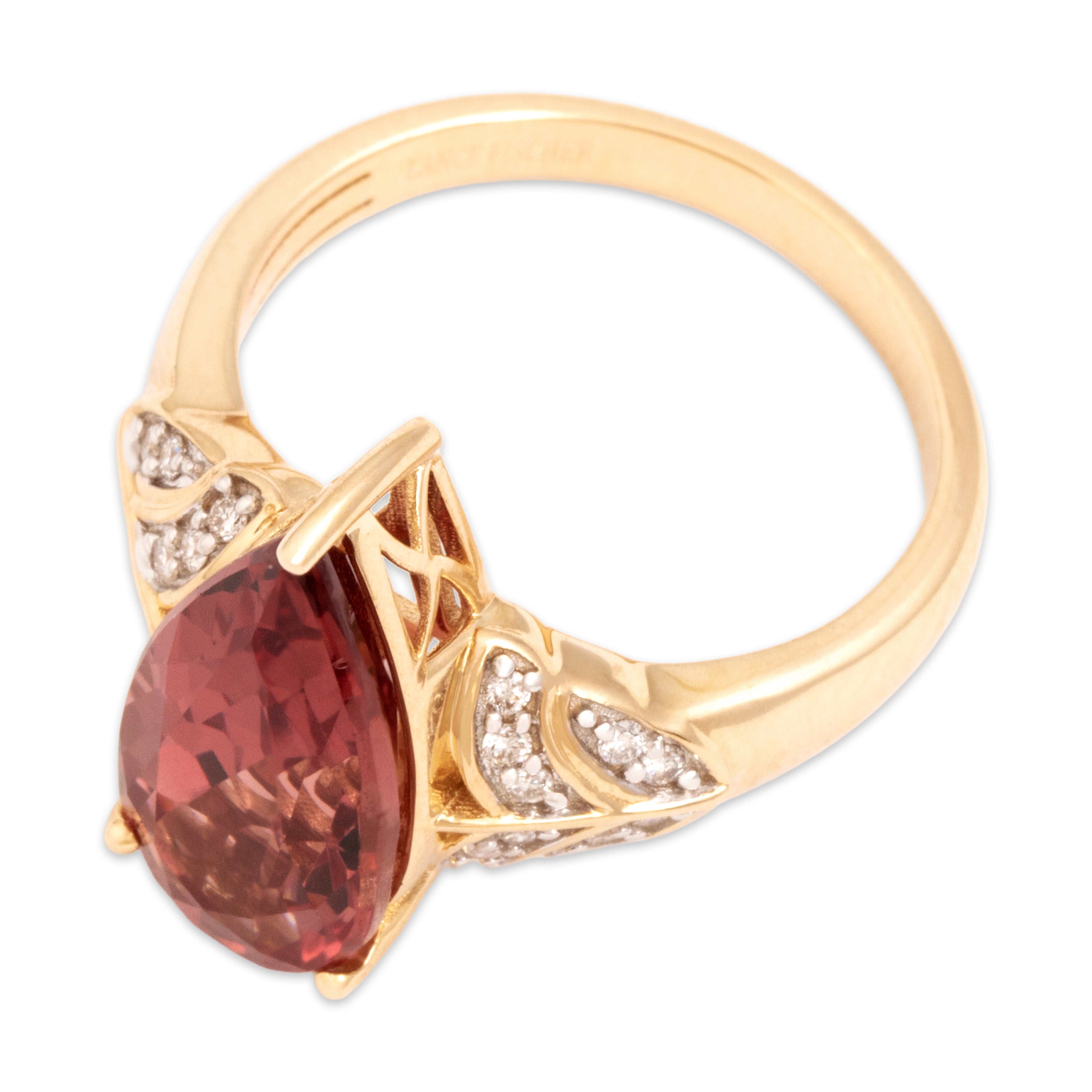 Estate Lance Fischer 14k Yellow Gold 4.05ct Pink Tourmaline Diamond Striking Dimensional Pear Ring - Overall view