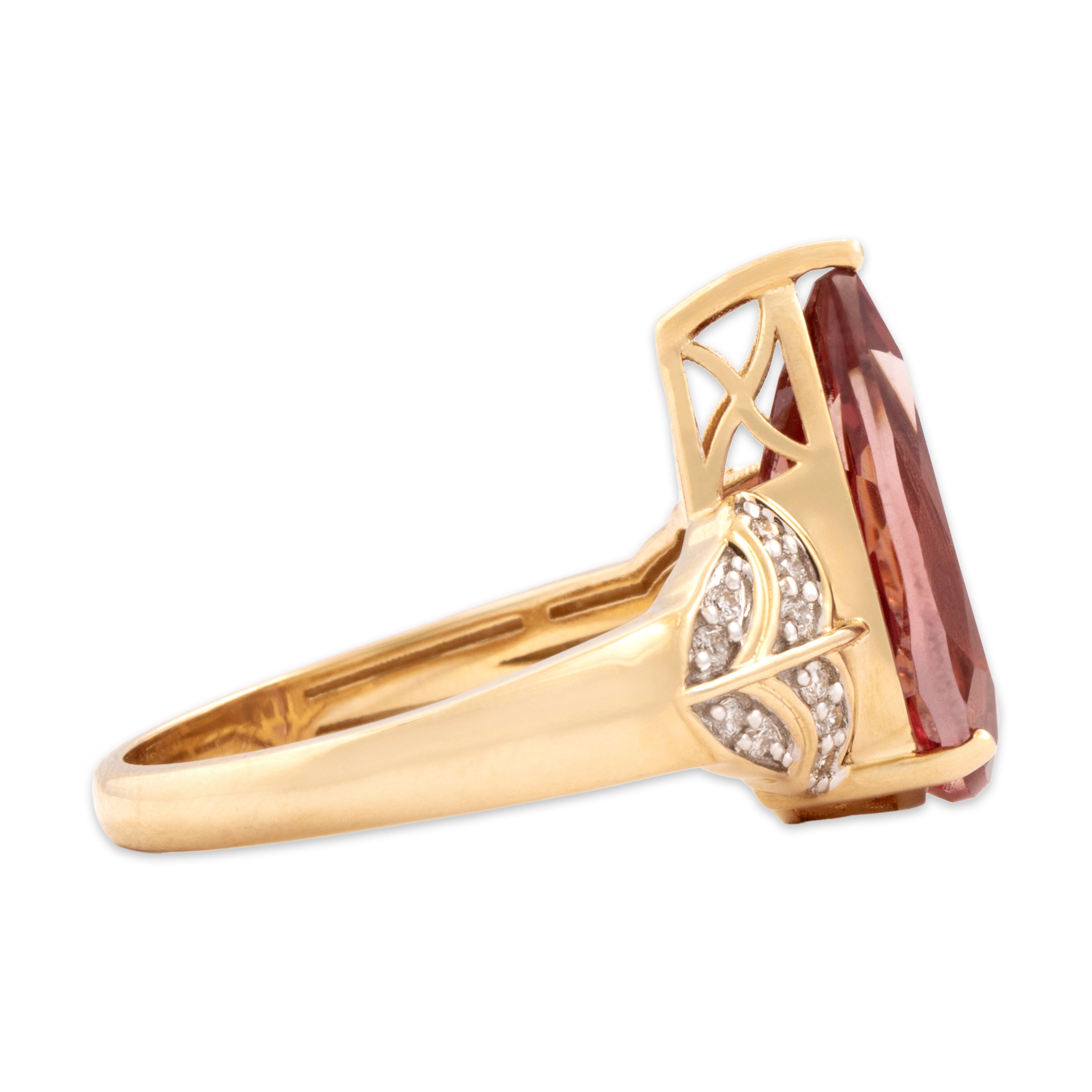 Estate Lance Fischer 14k Yellow Gold 4.05ct Pink Tourmaline Diamond Striking Dimensional Pear Ring - Side view