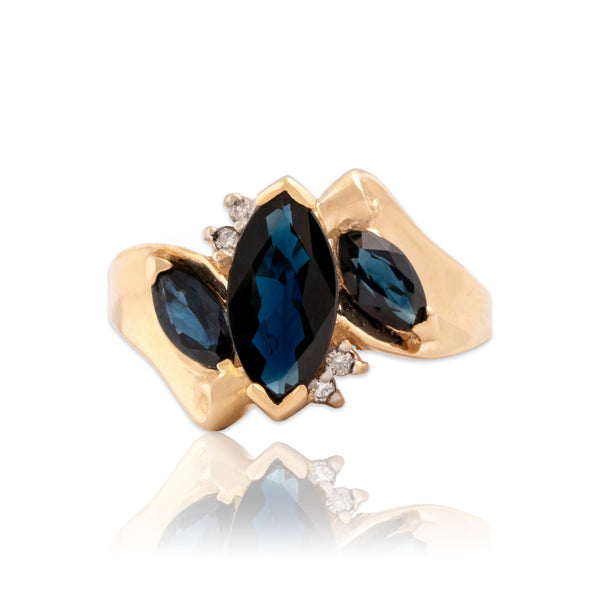 Vintage 14k Yellow Gold 1.89cttw Blue Sapphire Diamond Bold Marquise Ring 9.25