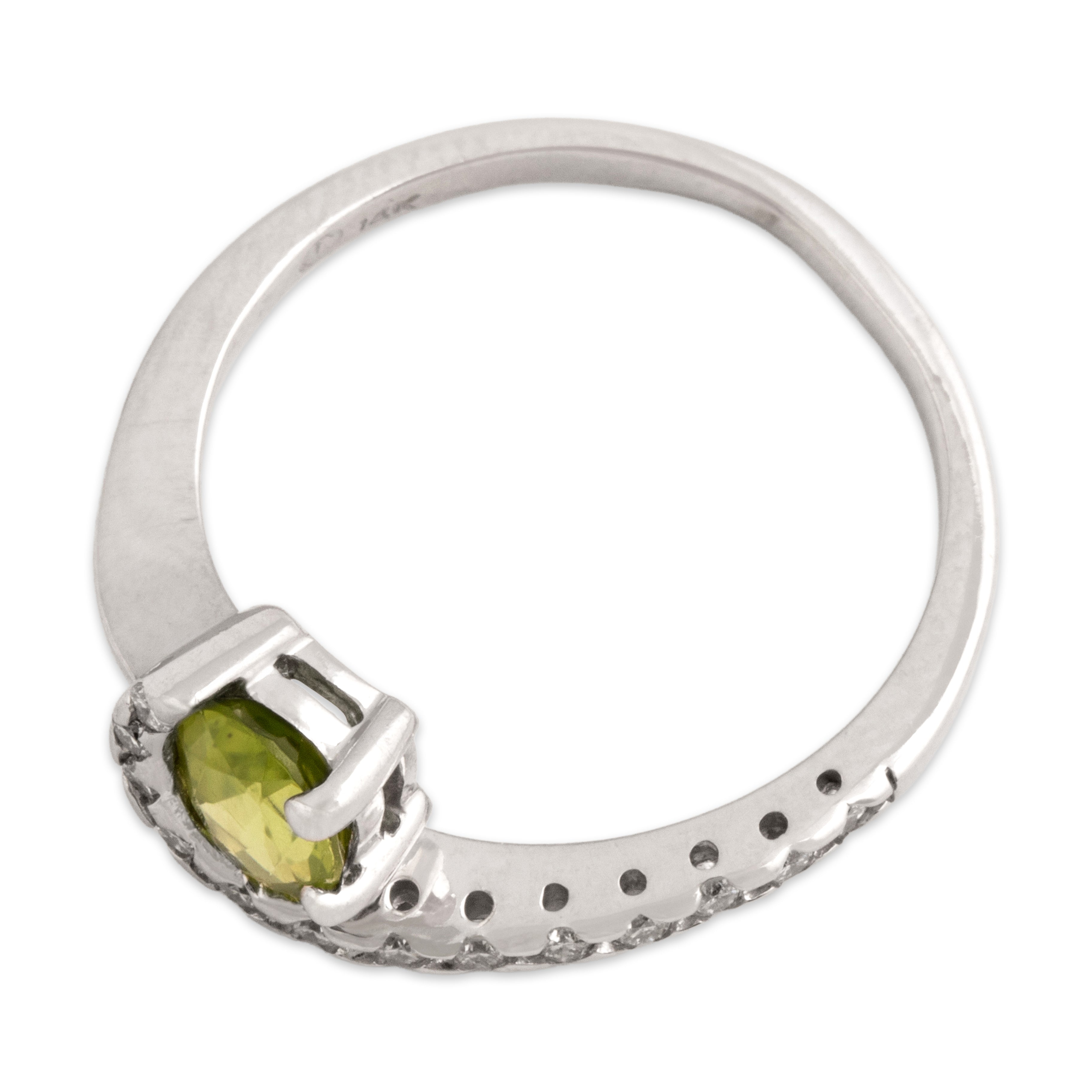 Vintage 14k White Gold .86ct Peridot Diamond Hugging Curved Swish Ring - Overall view