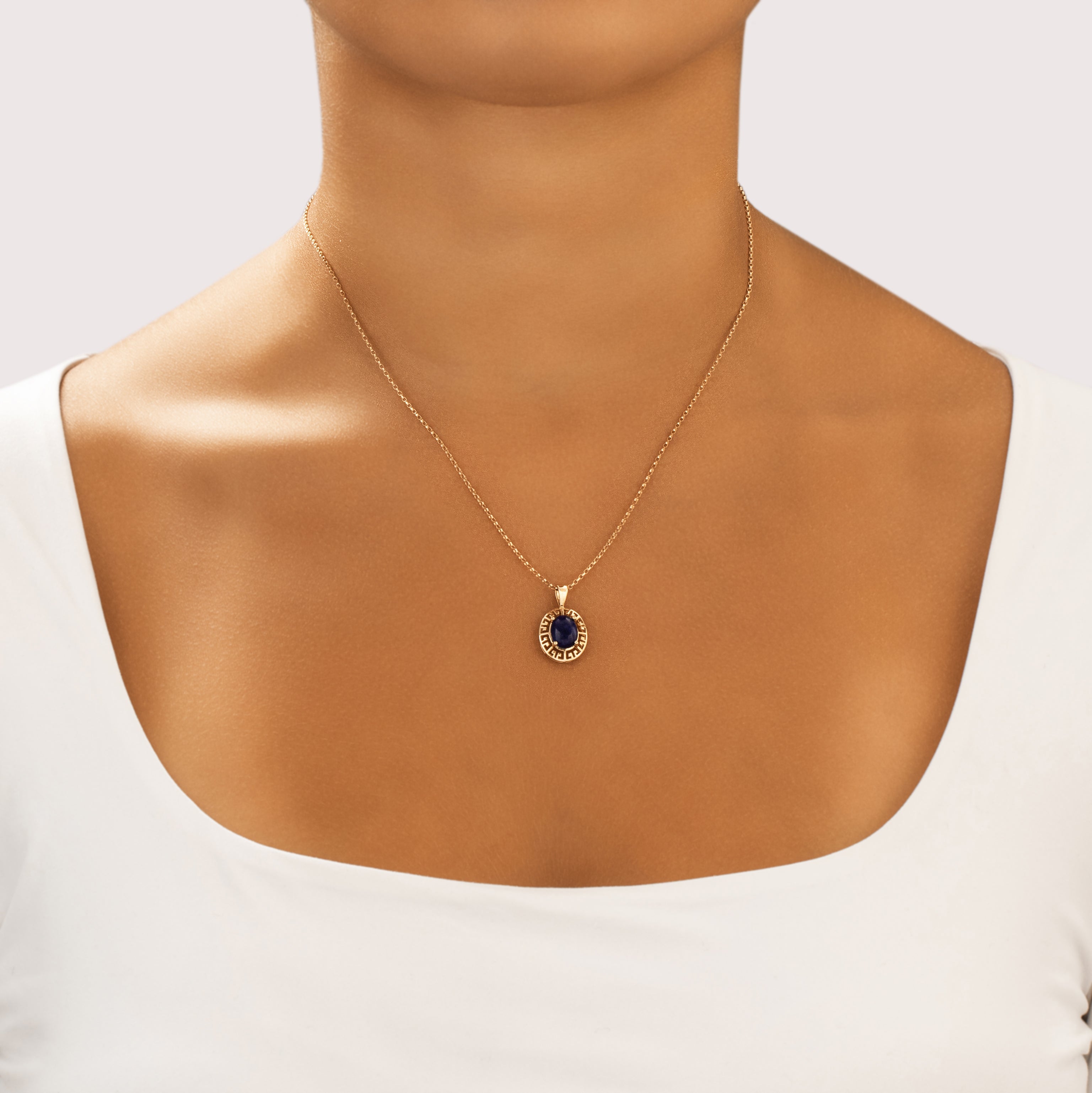 Vintage 14k Yellow Gold 1.47ct Lapis Lazuli Greek Key Cabochon Pendant - On model view