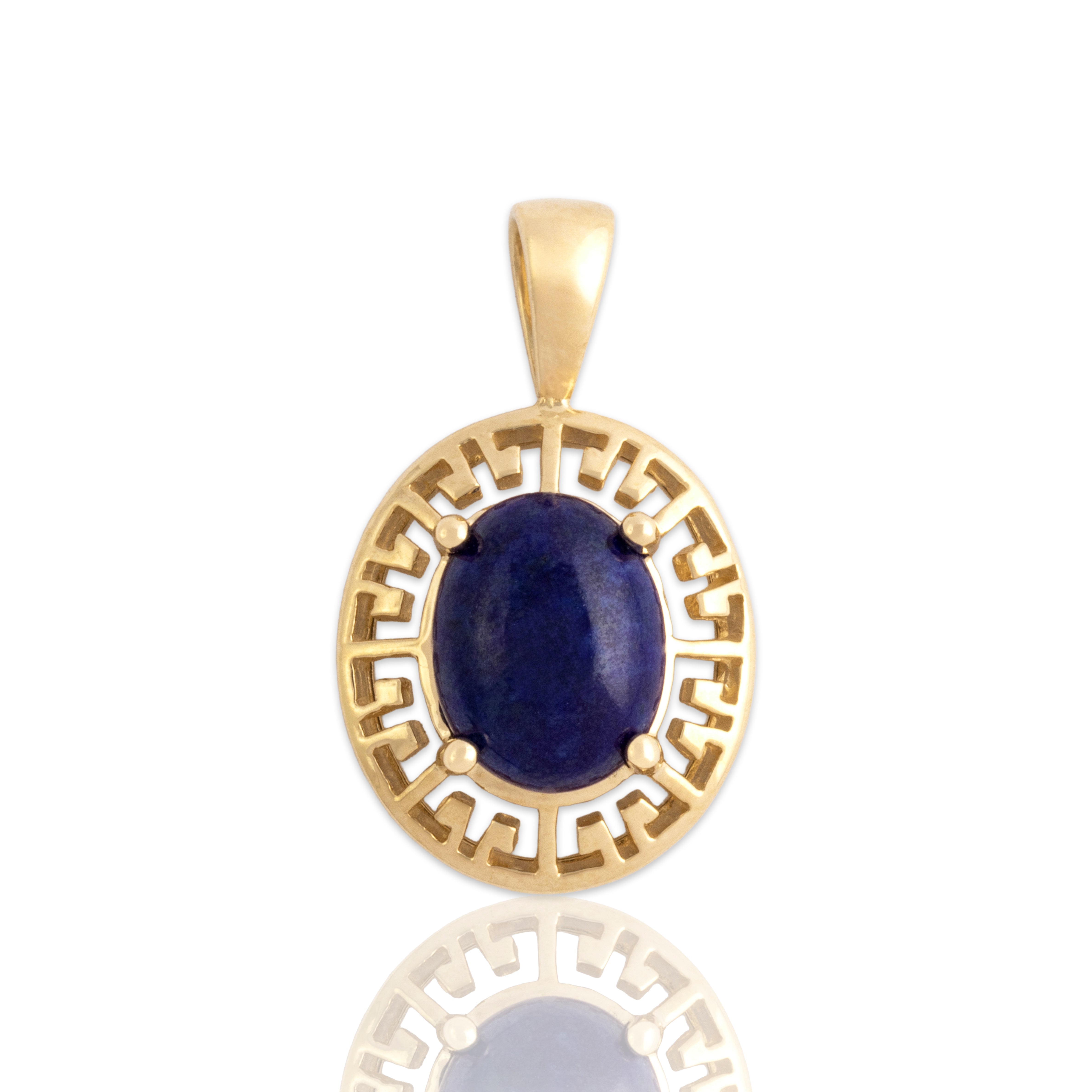 Vintage 14k Yellow Gold 1.47ct Lapis Lazuli Greek Key Cabochon Pendant