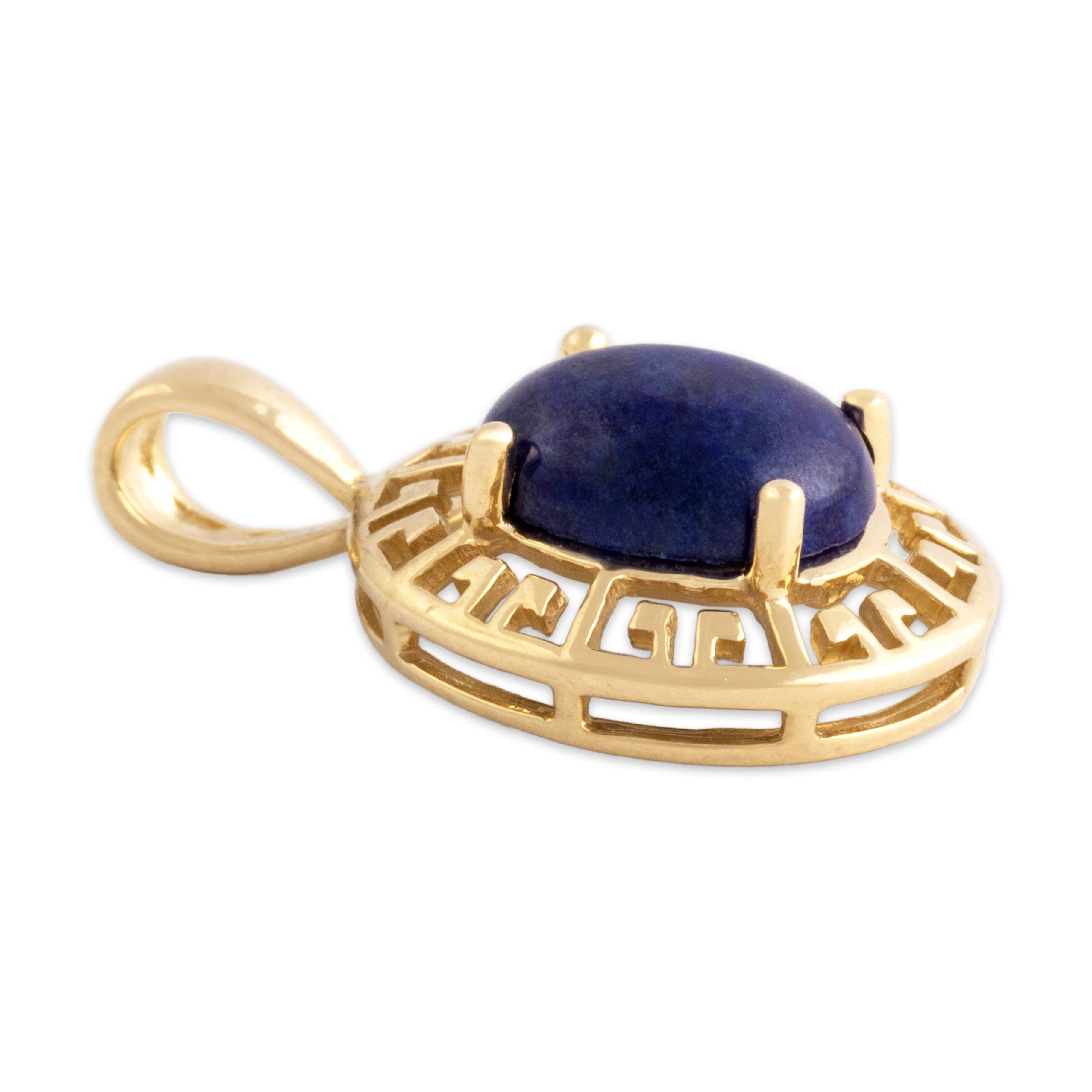 Vintage 14k Yellow Gold 1.47ct Lapis Lazuli Greek Key Cabochon Pendant
