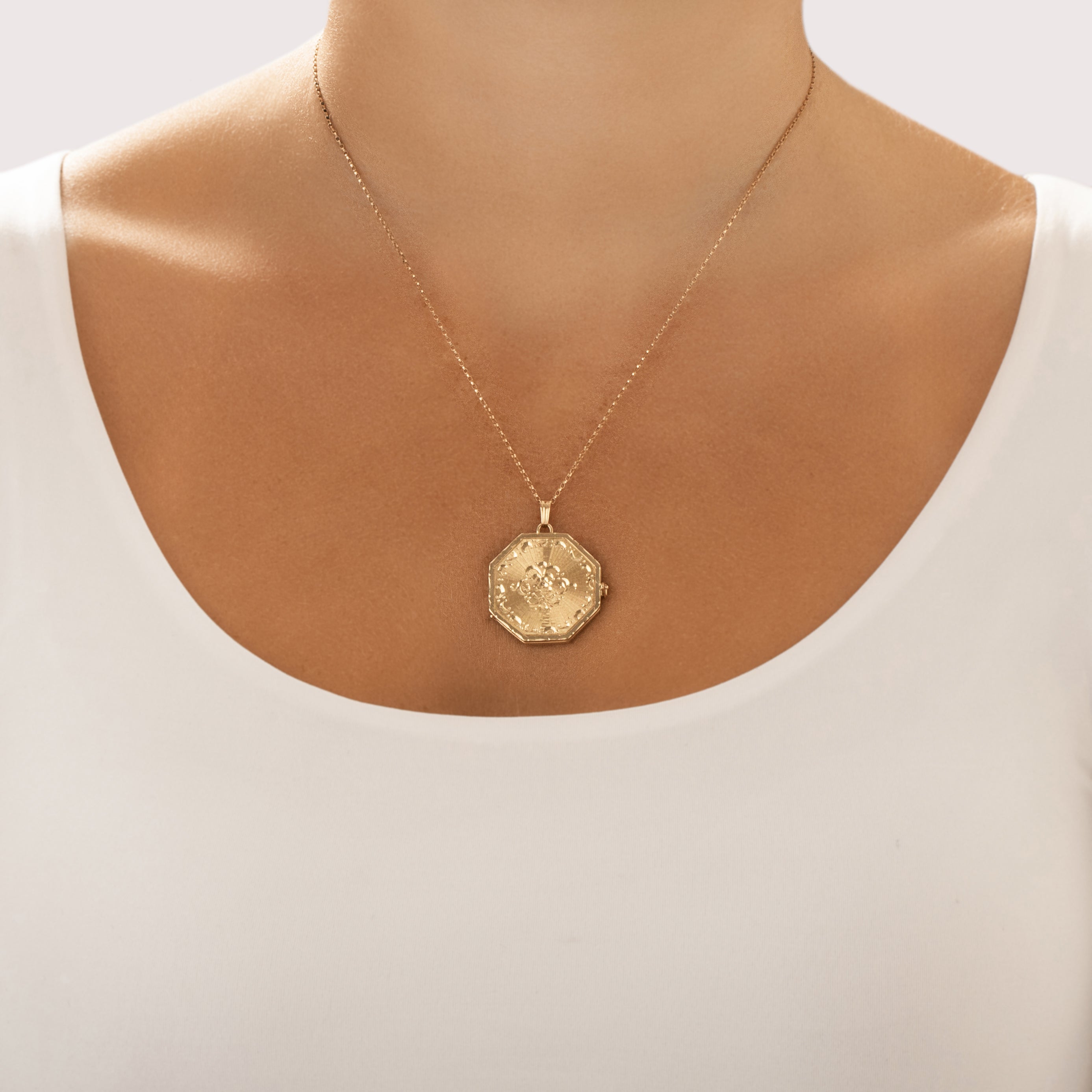 Vintage 14k Yellow Gold Lovely Engine-Turned Engraved Floral Multi-Photo Locket Pendant - On model view
