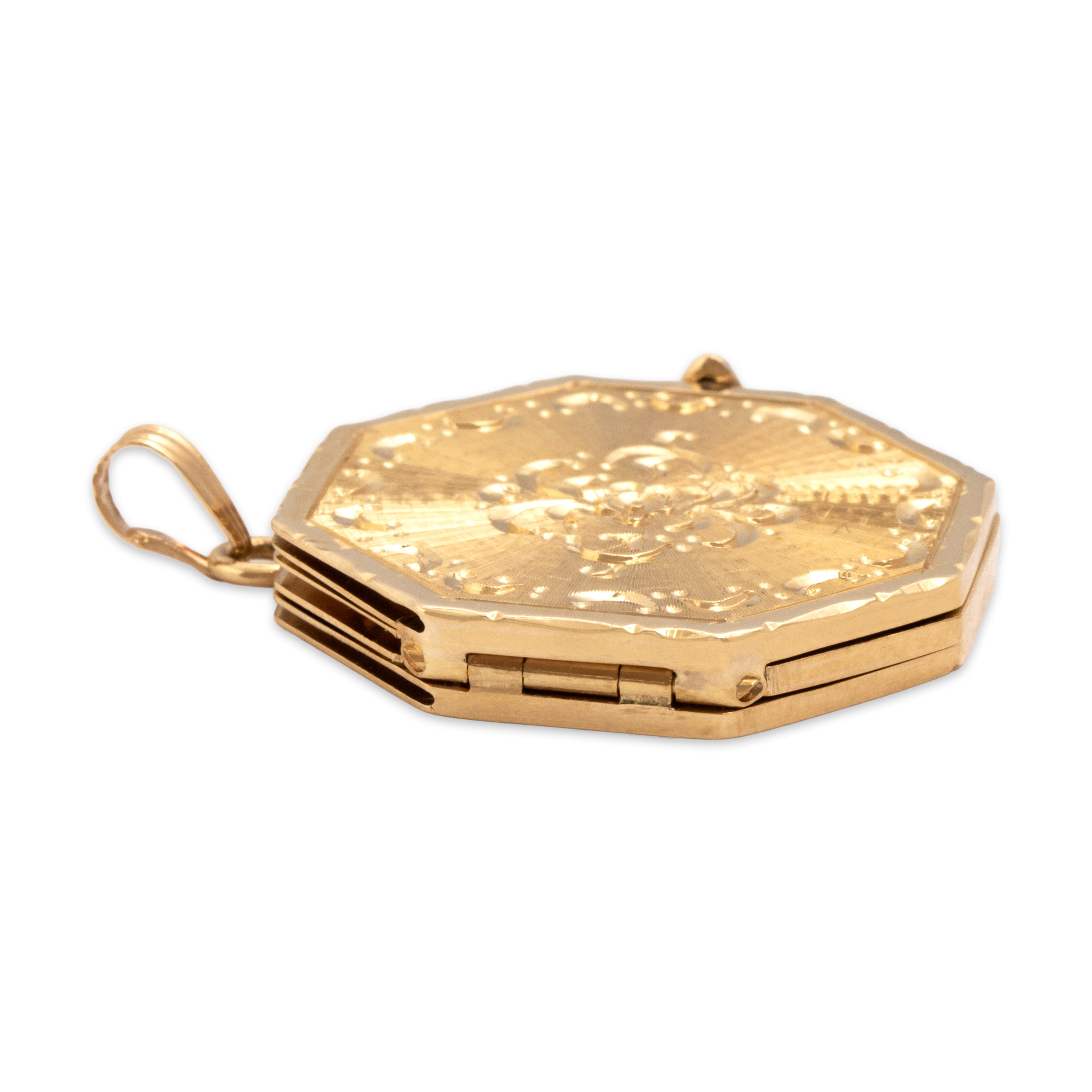 Vintage 14k Yellow Gold Lovely Engine-Turned Engraved Floral Multi-Photo Locket Pendant - Side view