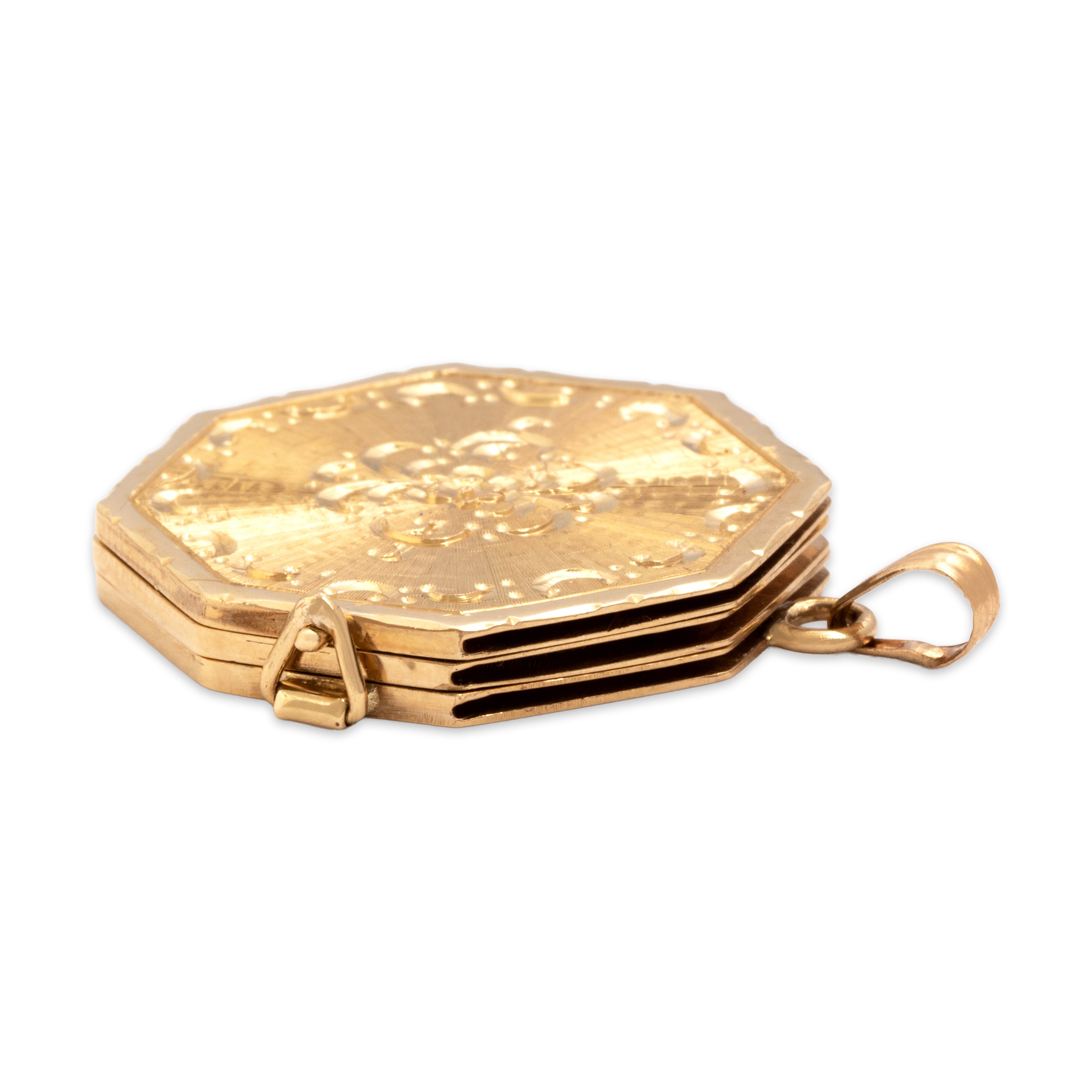 Vintage 14k Yellow Gold Lovely Engine-Turned Engraved Floral Multi-Photo Locket Pendant - Side view