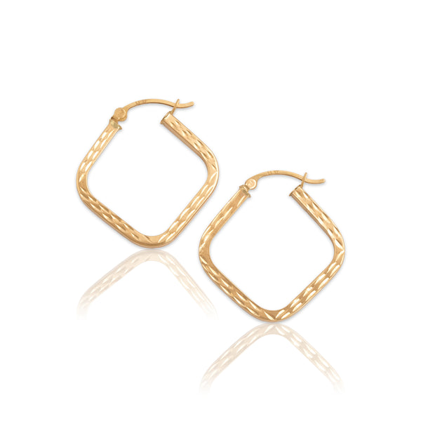 Vintage 14k Yellow Gold Square Incised Motif Hoop Earrings