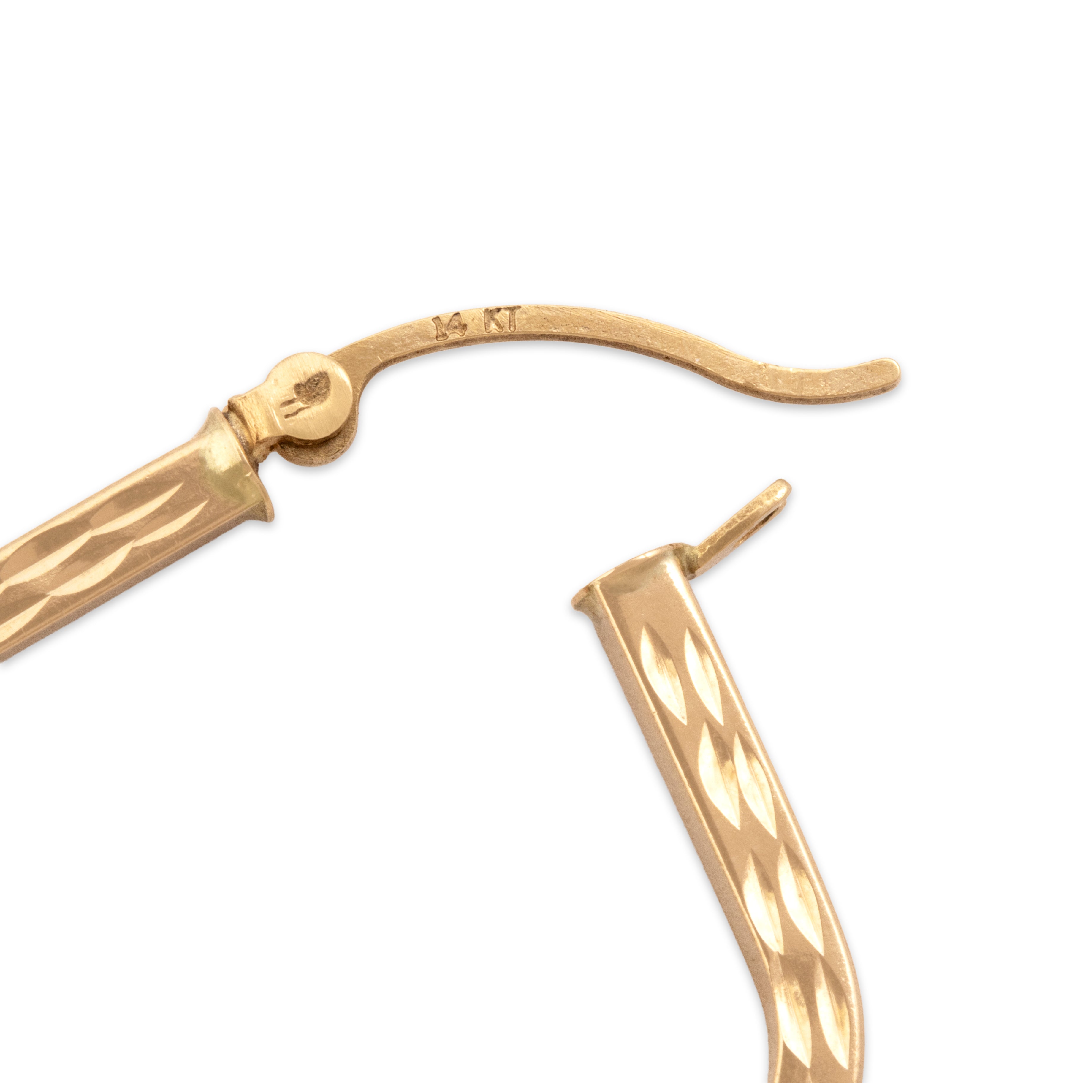Vintage 14k Yellow Gold Square Incised Motif Hoop Earrings - Hallmark view