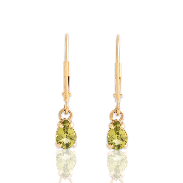 Vintage 14k Yellow Gold .75cttw Peridot Everyday Pear Solitaire Dangle Earrings - Close-up view