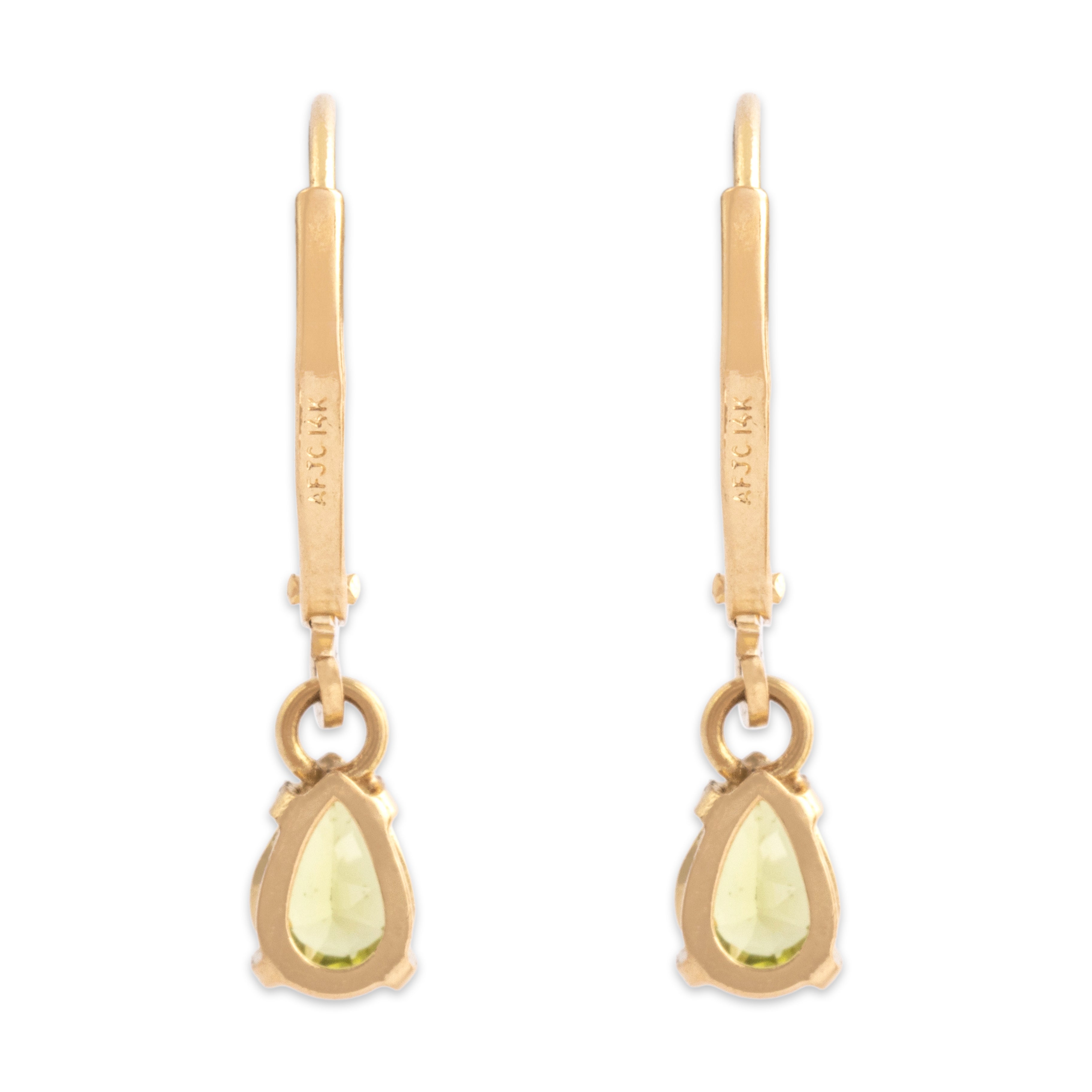 Vintage 14k Yellow Gold .75cttw Peridot Everyday Pear Solitaire Dangle Earrings - Back view