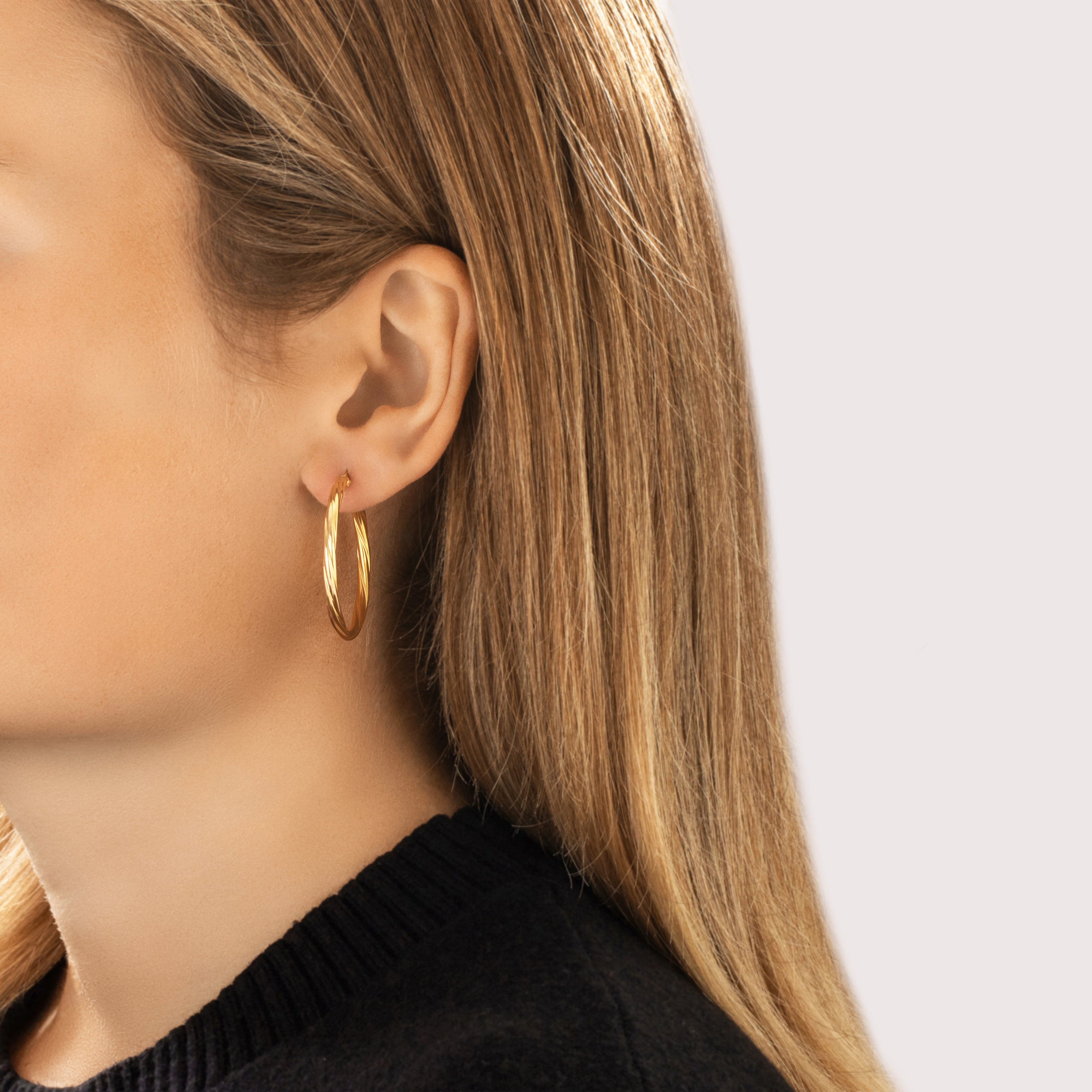 Vintage Italian Large 14k Yellow Gold Classic Spiraling Hoop Earrings - On model view
