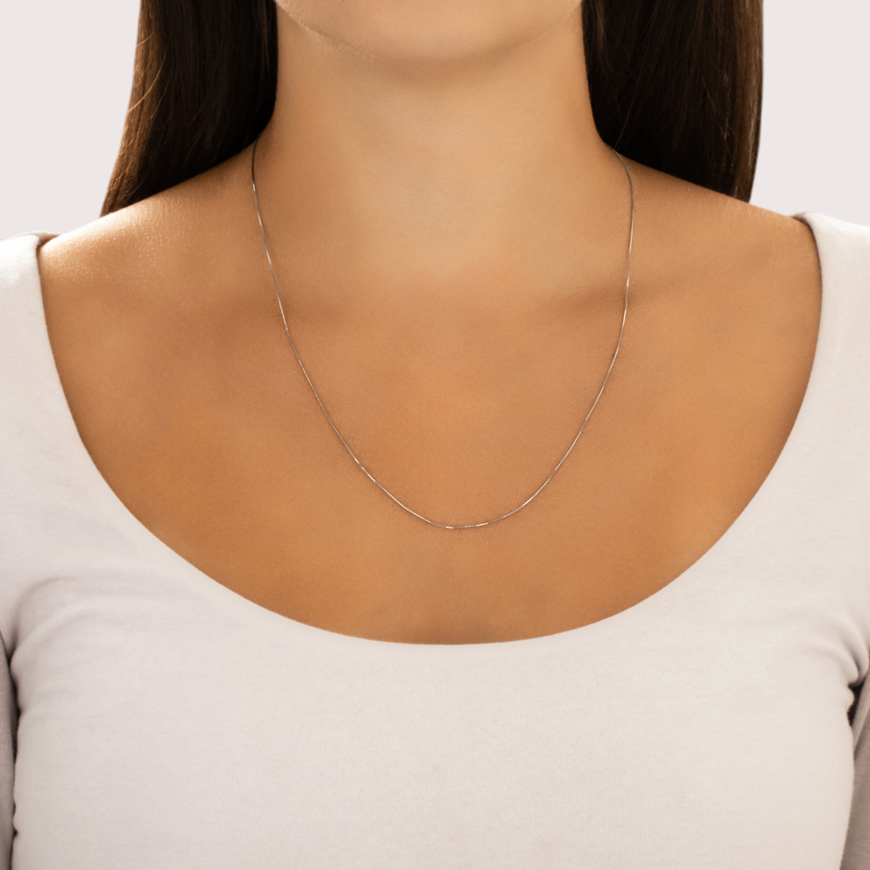 Vintage Italian 14k White Gold .6mm Delicate Box Chain - On model view
