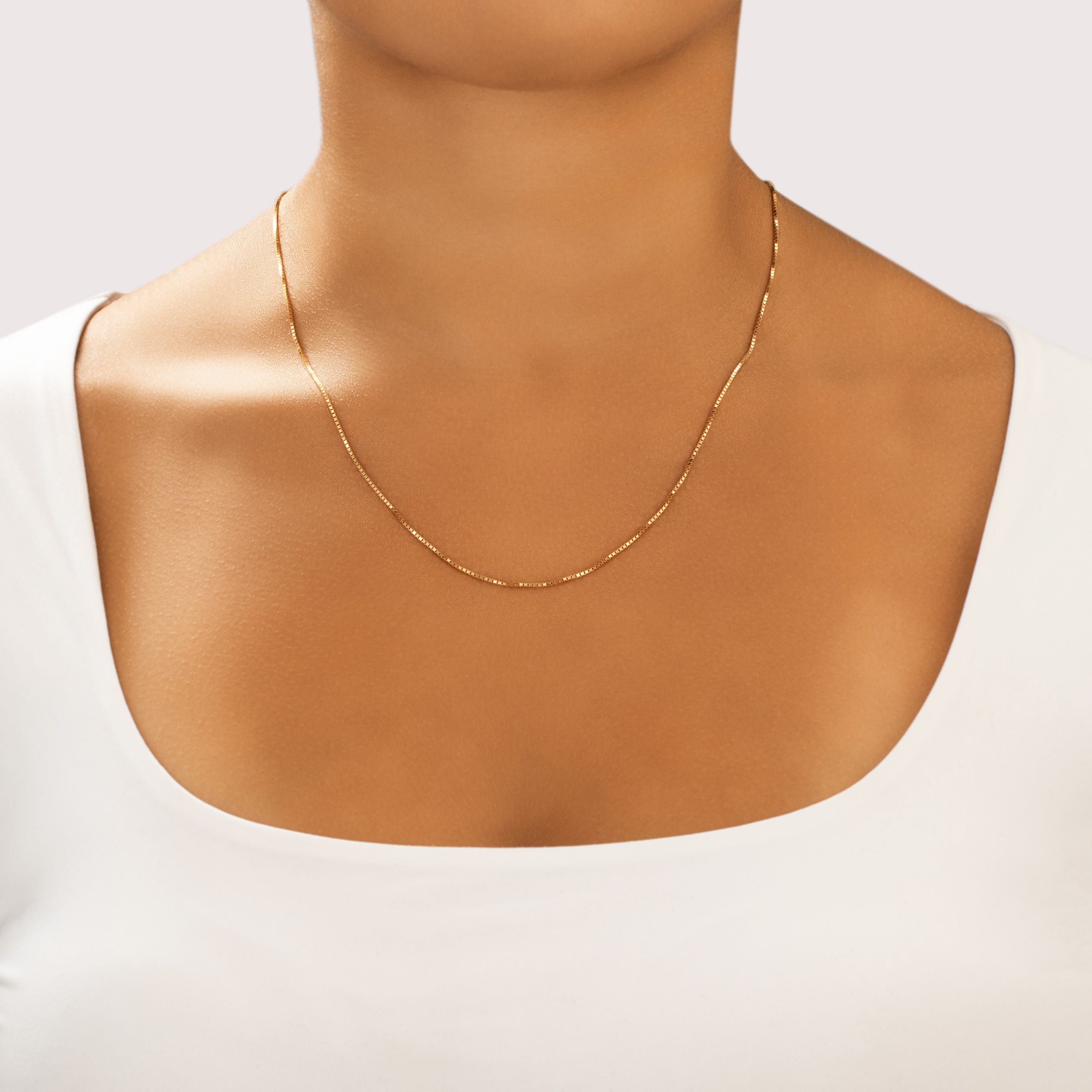 Vintage Italian 14k Yellow Gold 1mm Sleek Long Box Chain - On model view