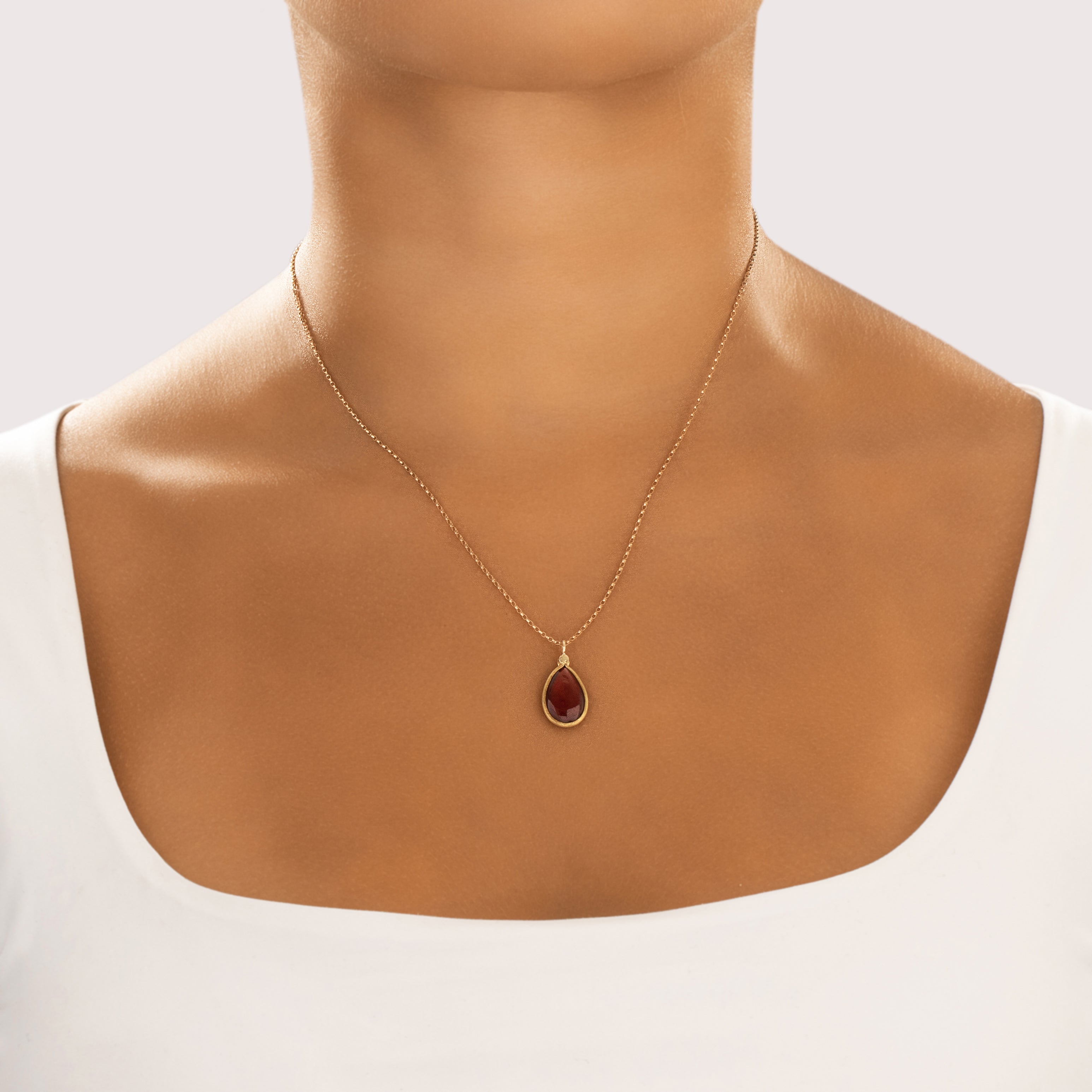 Vintage 14k Yellow Gold Amber White Sapphire Brushed Pear Bezel Pendant - On model view