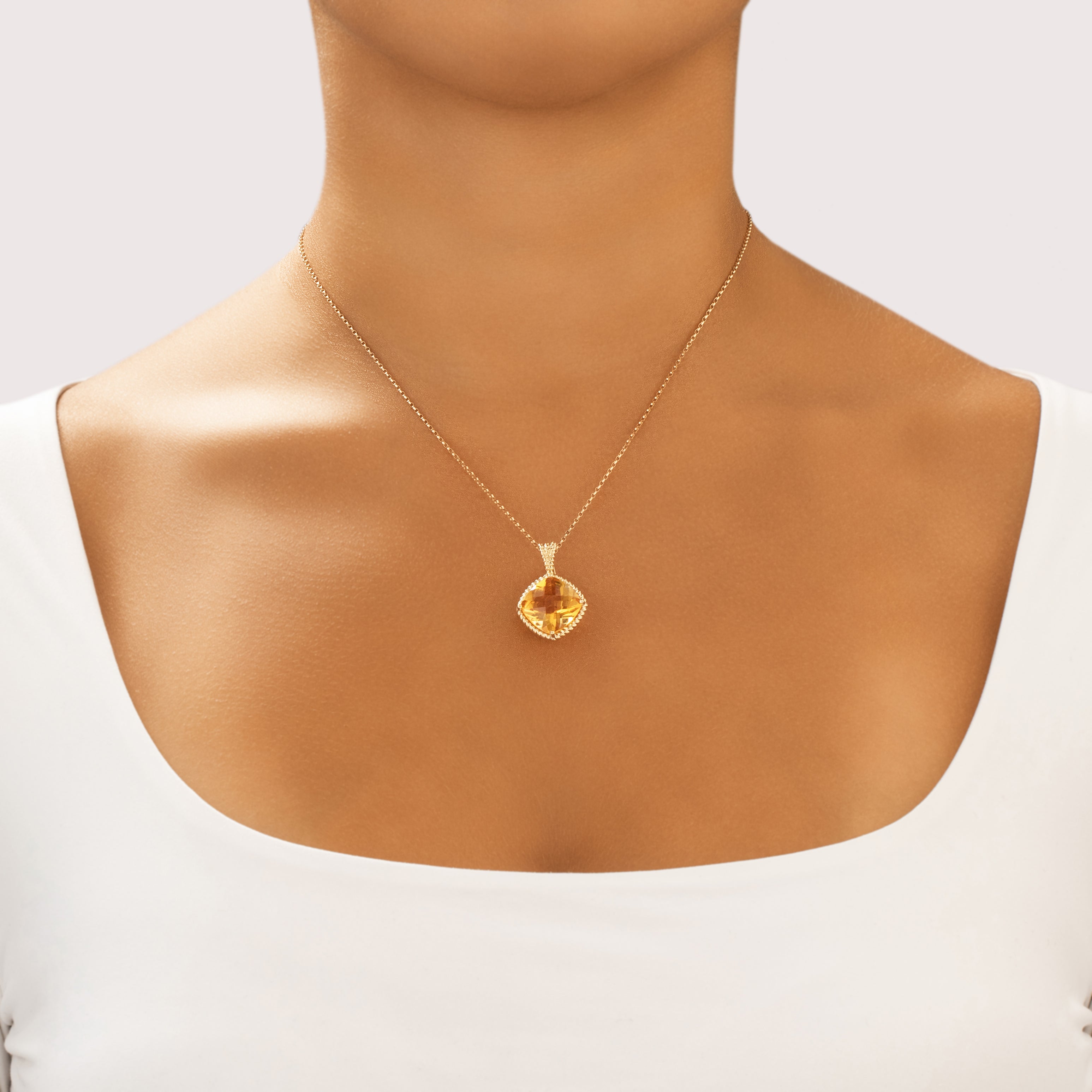 Vintage 14k Yellow Gold 9.8ct Citrine Rope Framed Checkerboard Cushion Enhancer Pendant - On model view