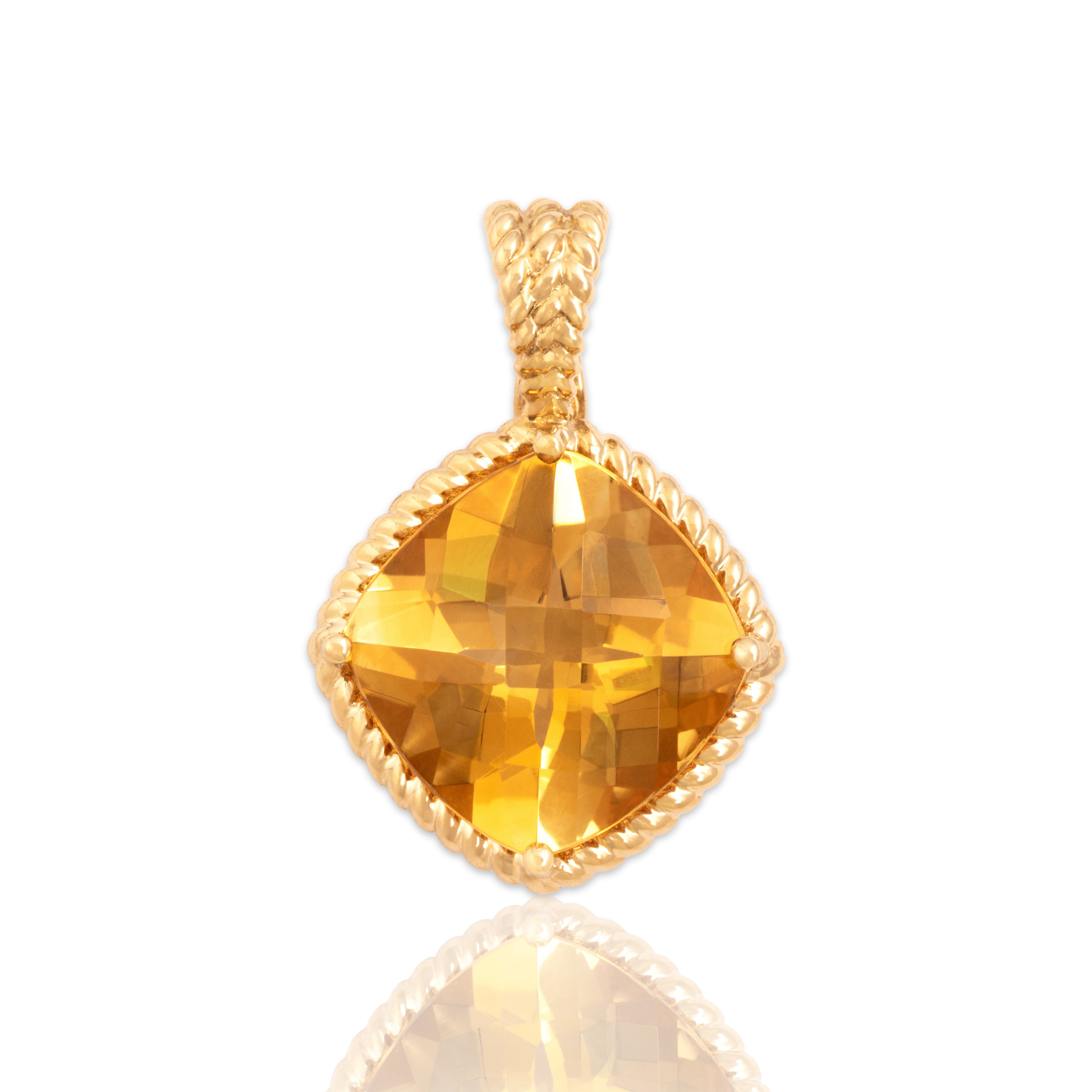 Vintage 14k Yellow Gold 9.8ct Citrine Rope Framed Checkerboard Cushion Enhancer Pendant - Close-up view