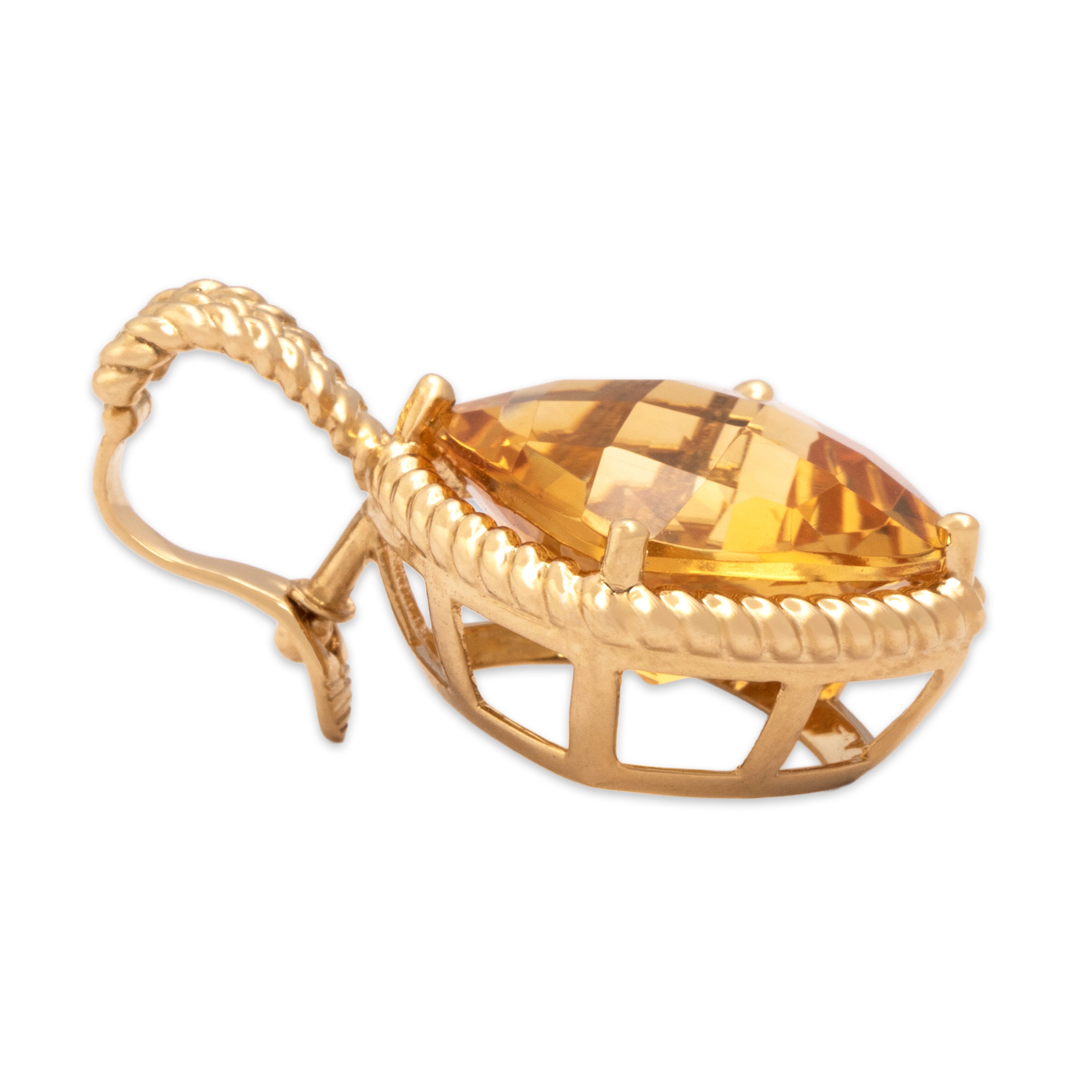 Vintage 14k Yellow Gold 9.8ct Citrine Rope Framed Checkerboard Cushion Enhancer Pendant - Side view