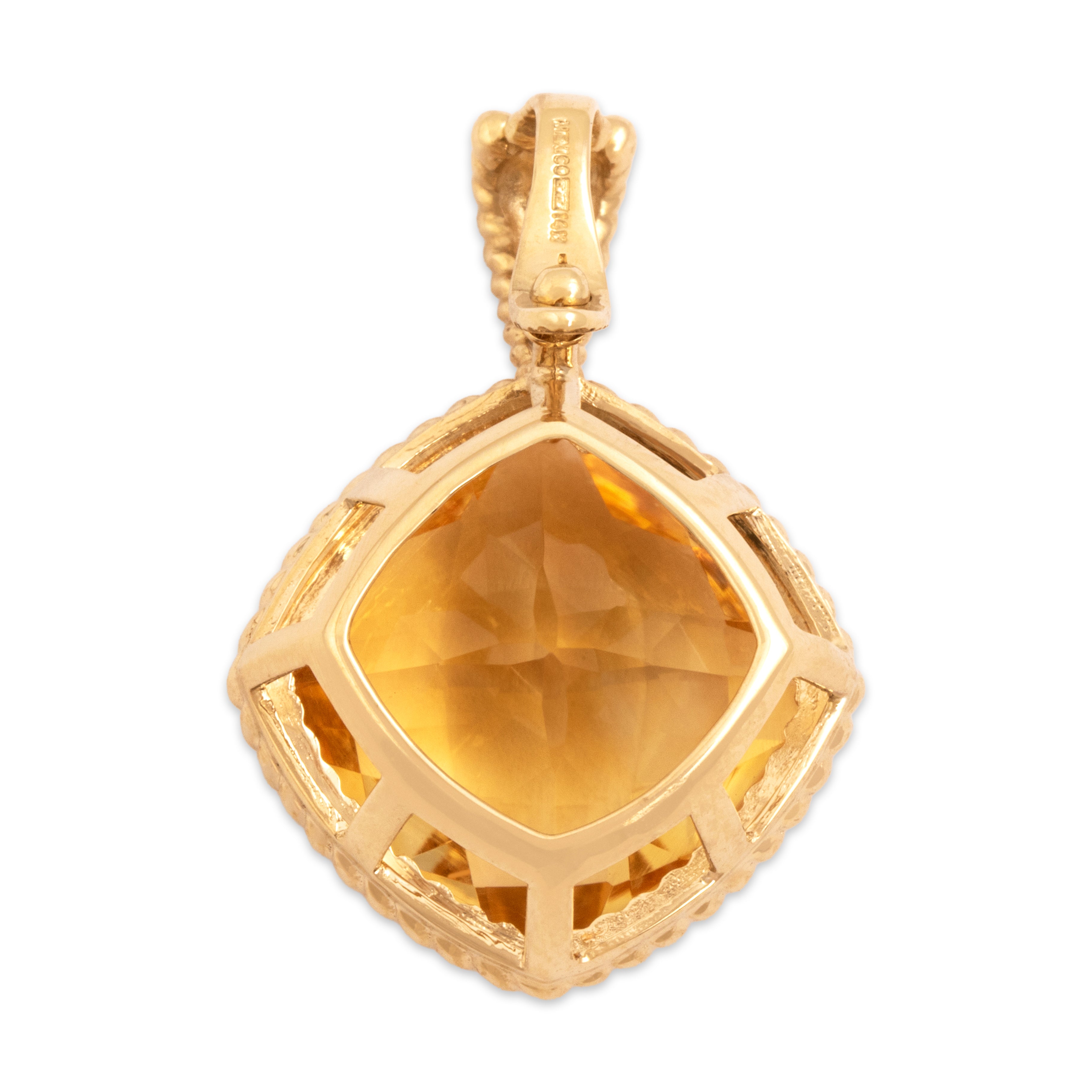 Vintage 14k Yellow Gold 9.8ct Citrine Rope Framed Checkerboard Cushion Enhancer Pendant - Back view
