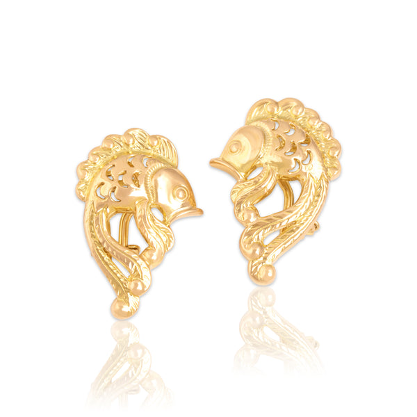 Vintage 18k Yellow & Rosy Yellow Gold Gurgling Fish Omega-Back Earrings