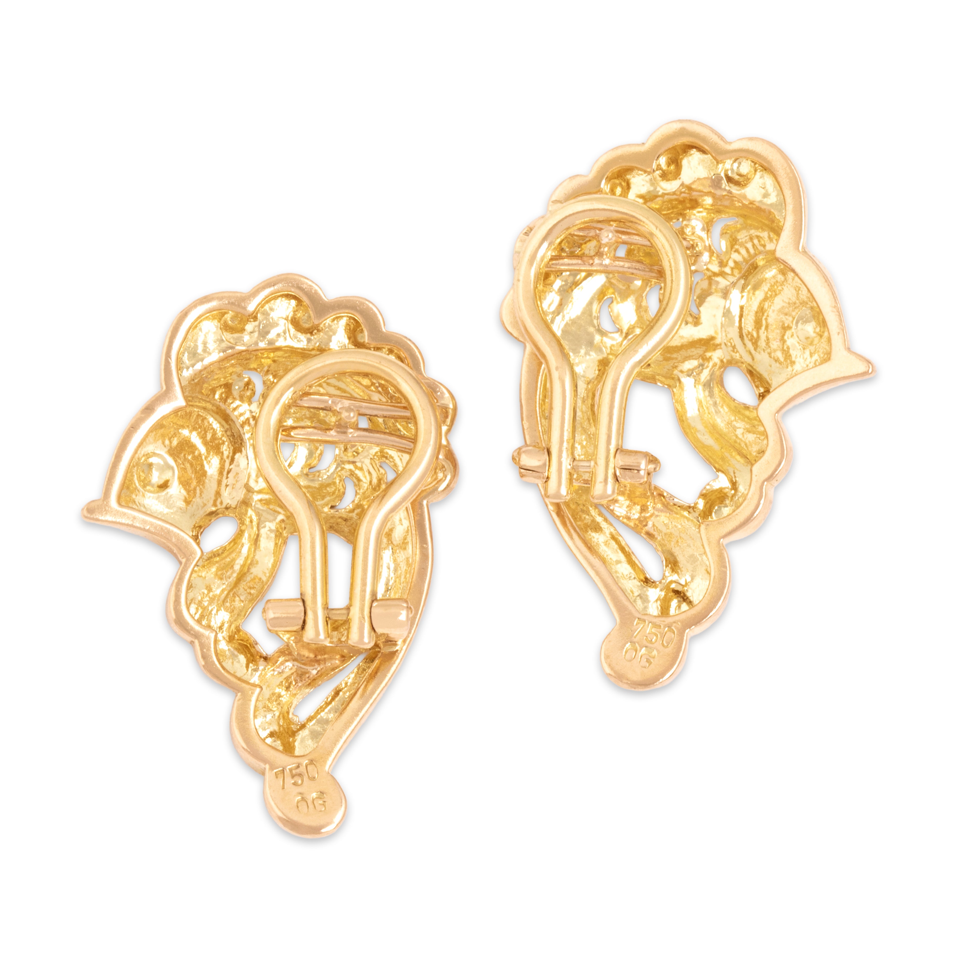 Vintage 18k Yellow & Rosy Yellow Gold Gurgling Fish Omega-Back Earrings - Back view