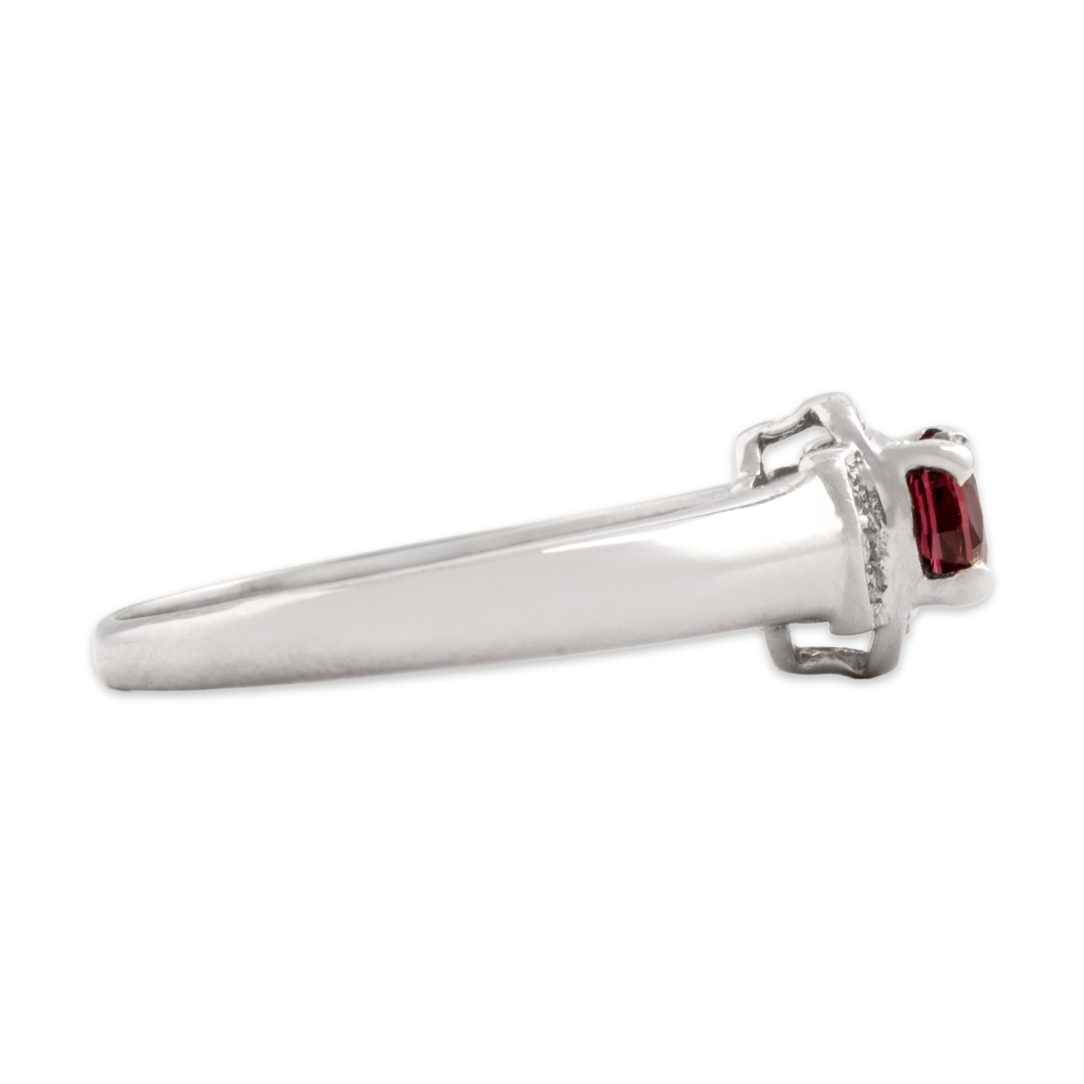 Vintage 14k White Gold Ruby Diamond Elegant Quatrefoil Halo Ring - Side view
