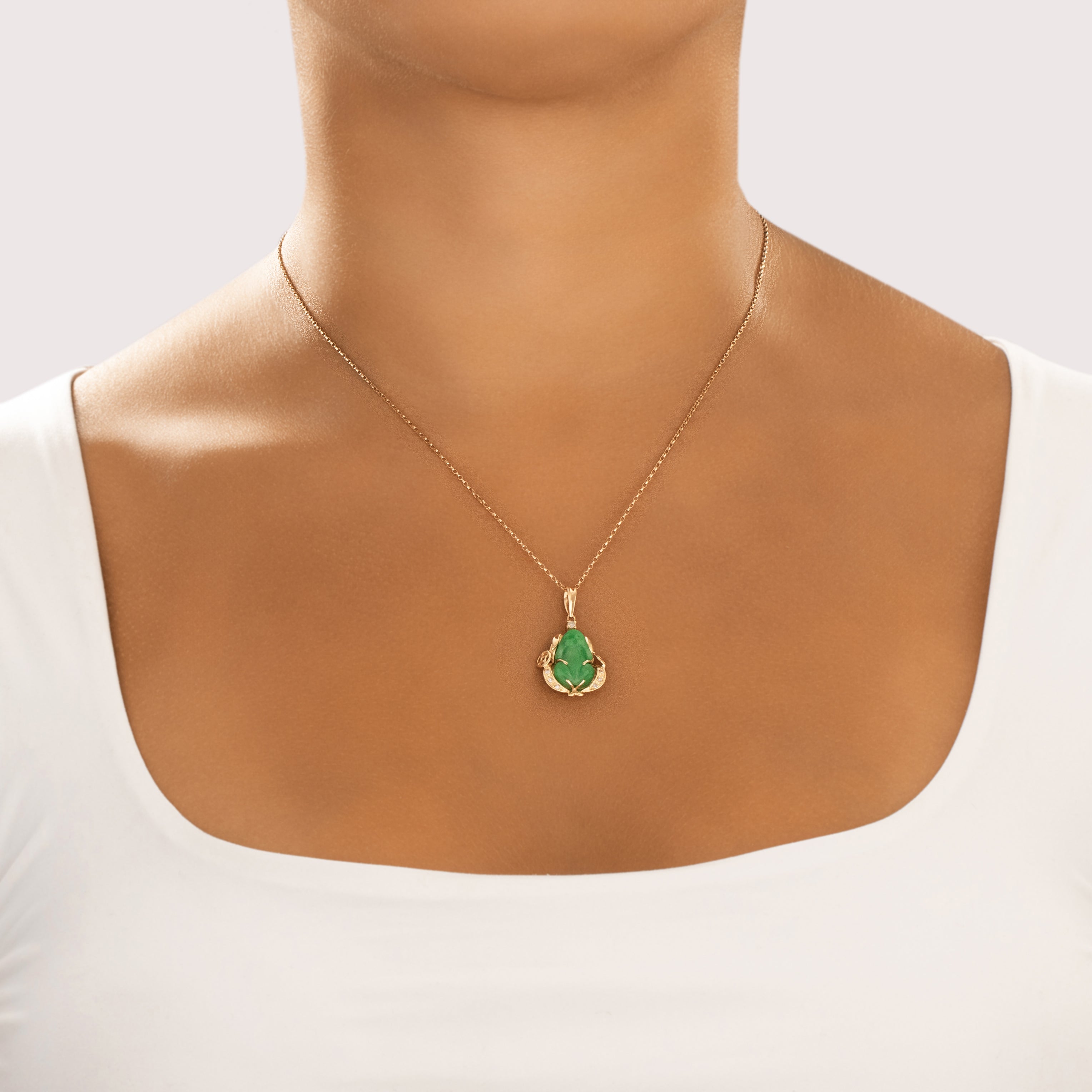 Vintage 18k Yellow Gold Diamond Jade Wonderful Carved Frog In A Chariot Pendant - On model view