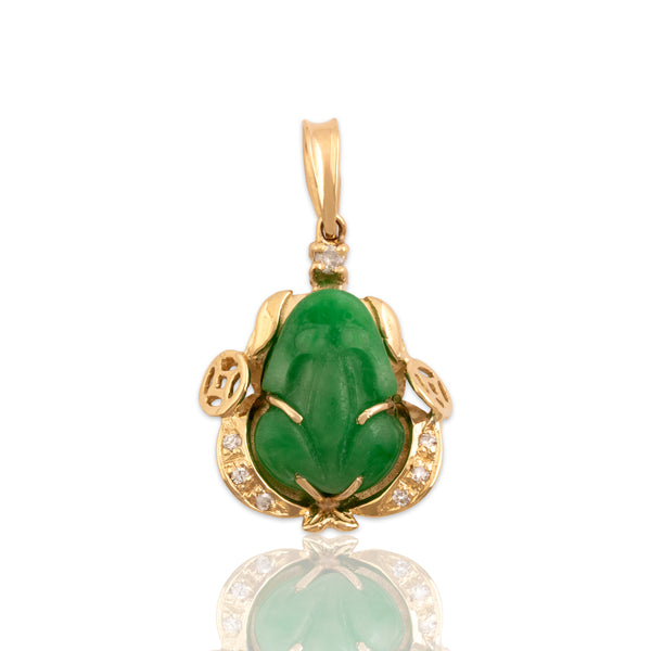 Vintage 18k Yellow Gold Diamond Jade Wonderful Carved Frog In A Chariot Pendant