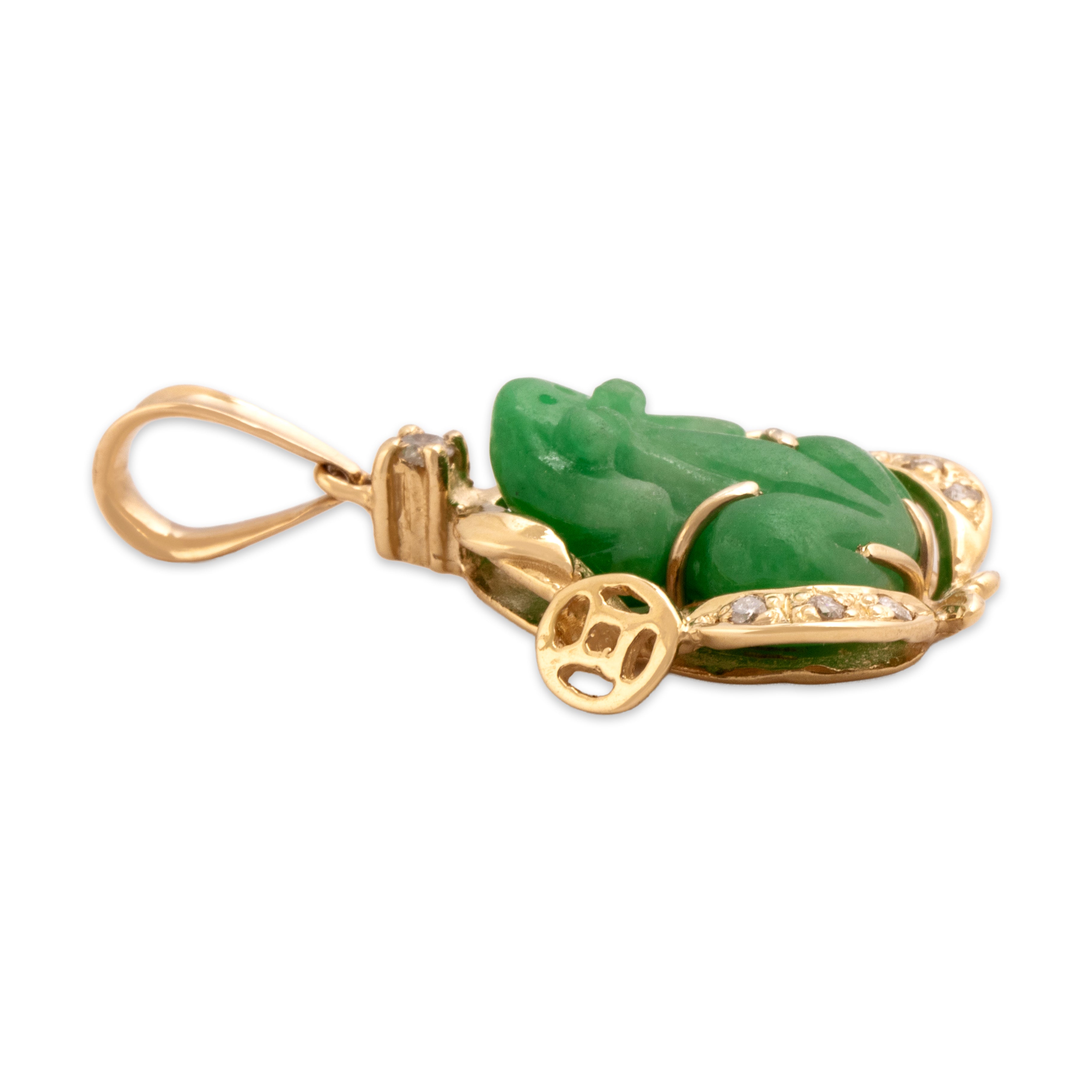 Vintage 18k Yellow Gold Diamond Jade Wonderful Carved Frog In A Chariot Pendant - Side view