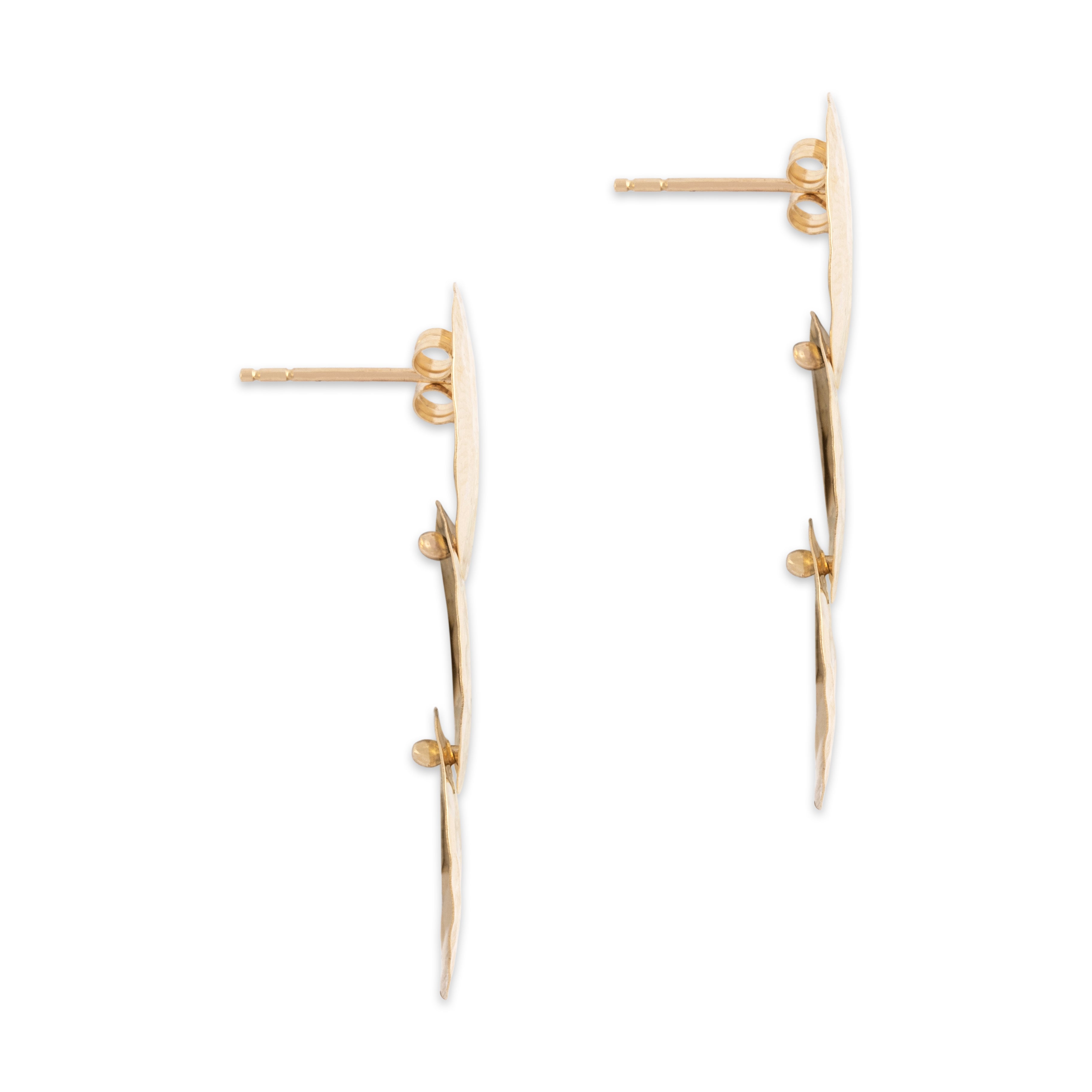 Vintage 14k Yellow Gold Long Hammered Oval Disc Dangle Earrings - Side view