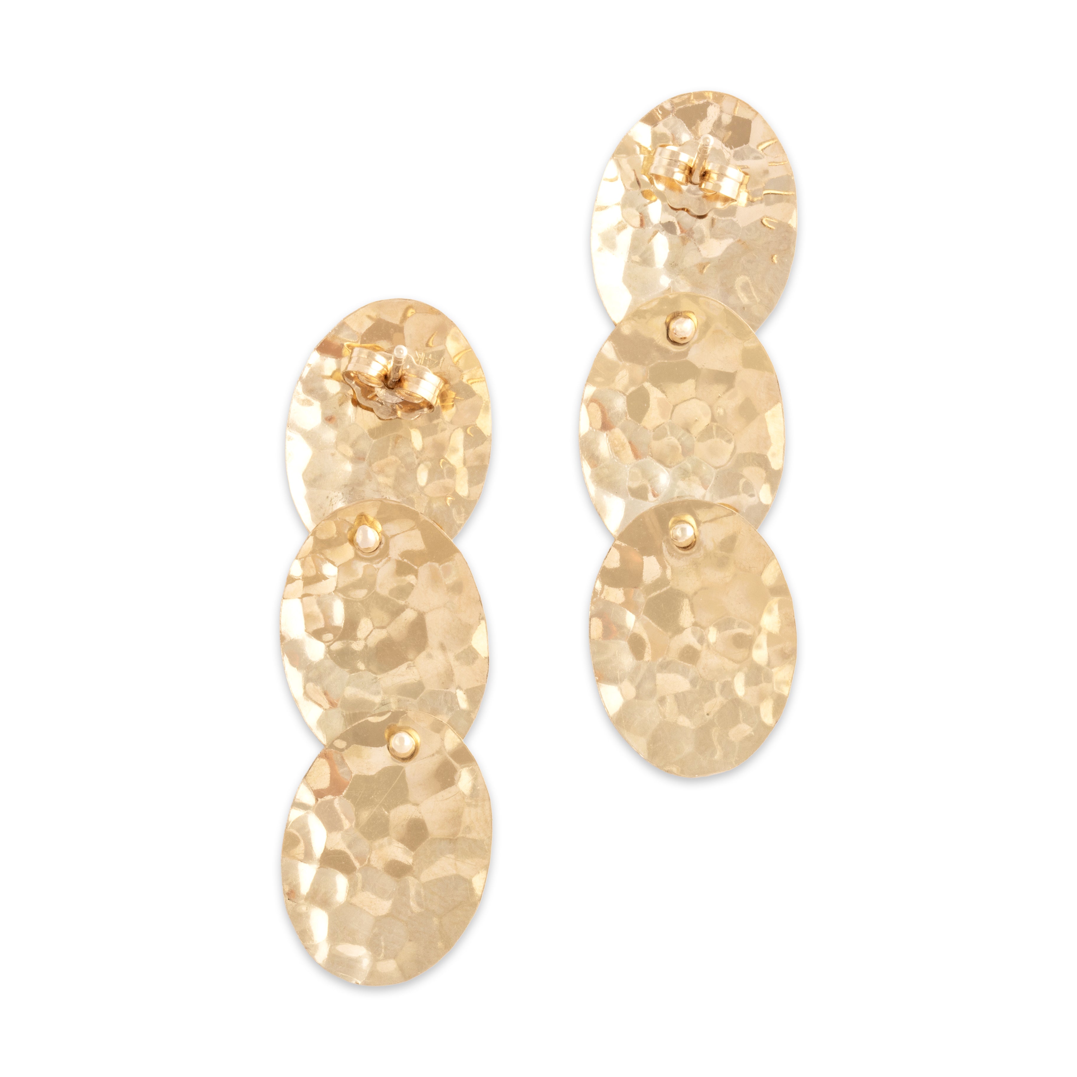 Vintage 14k Yellow Gold Long Hammered Oval Disc Dangle Earrings - Back view