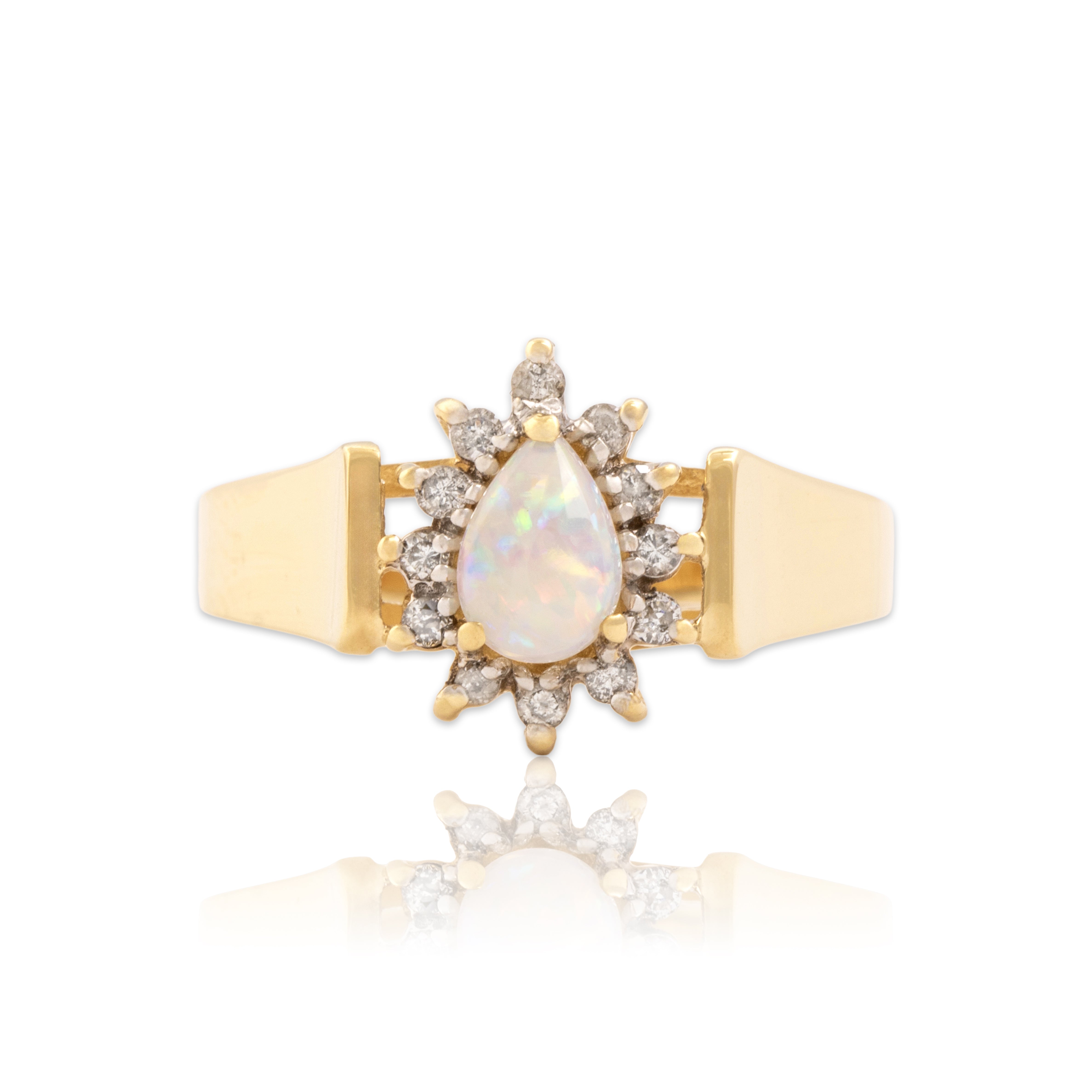 Vintage 14k Yellow Gold Opal Diamond Flashing Pear Halo Ring - Close-up view