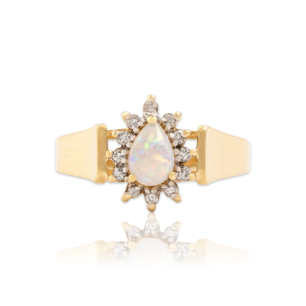 Vintage 14k Yellow Gold Opal Diamond Flashing Pear Halo Ring 6.00