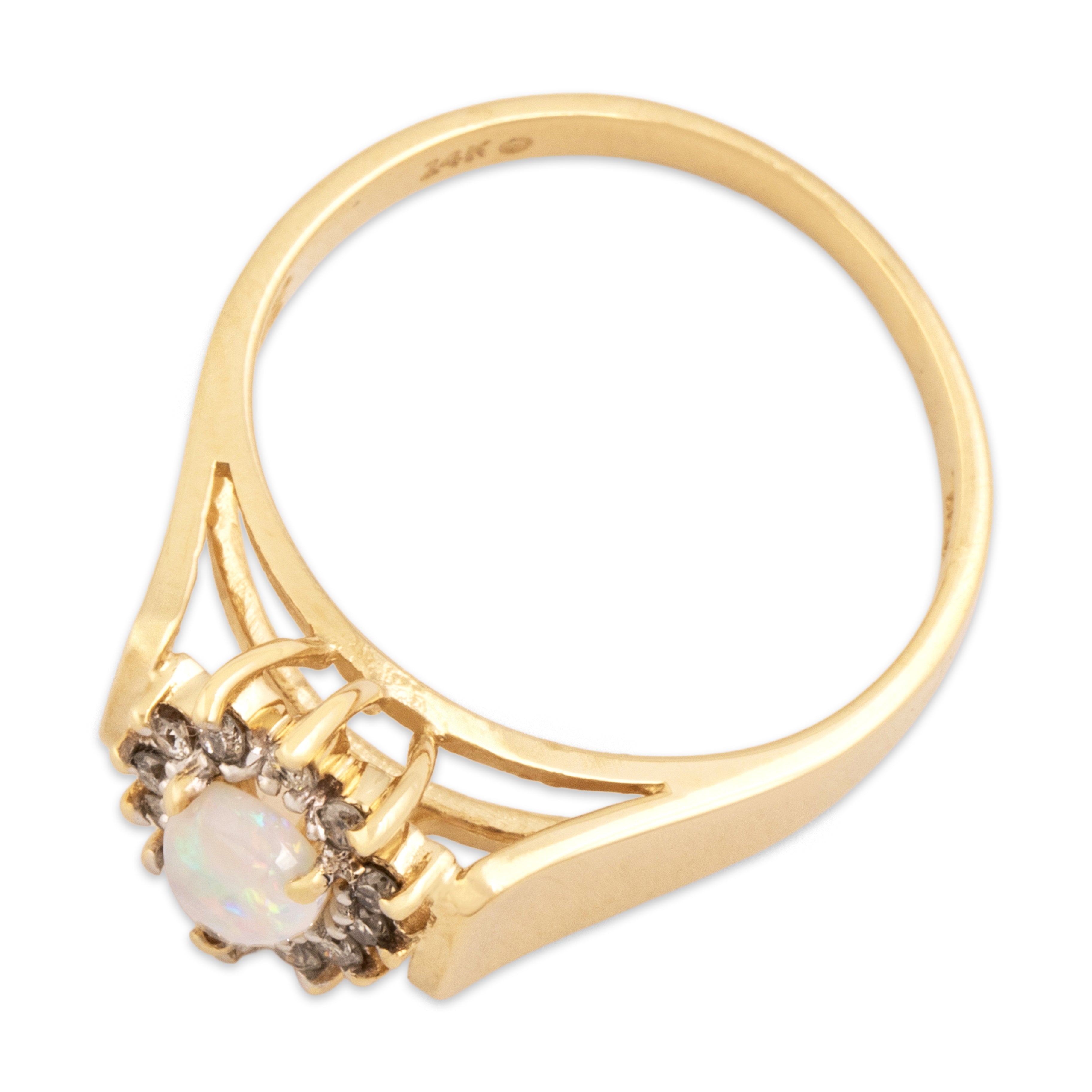 Vintage 14k Yellow Gold Opal Diamond Flashing Pear Halo Ring - Overall view