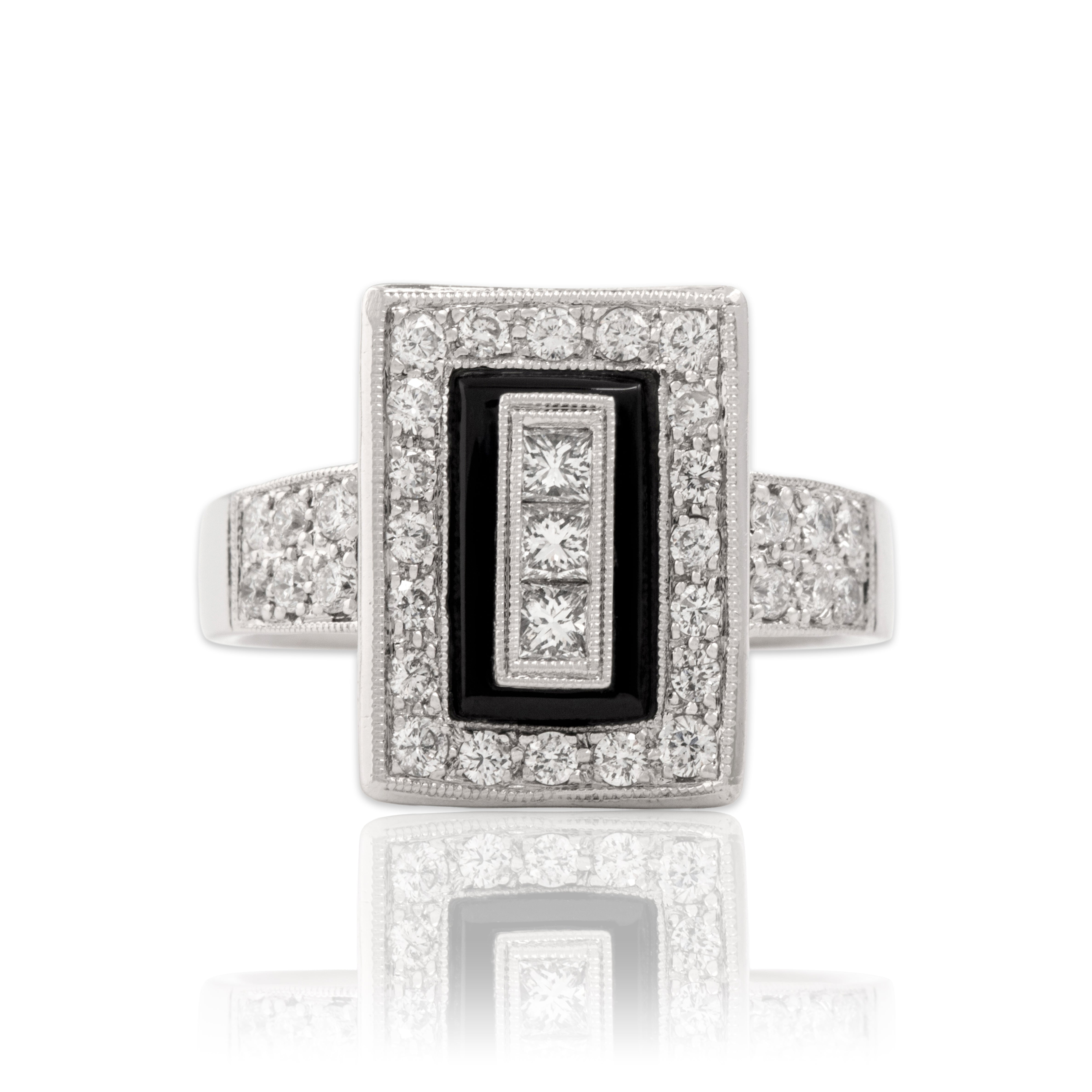 Vintage 14k White Gold .68cttw Diamond Onyx Dazzling Art Deco Style Ring - Close-up view