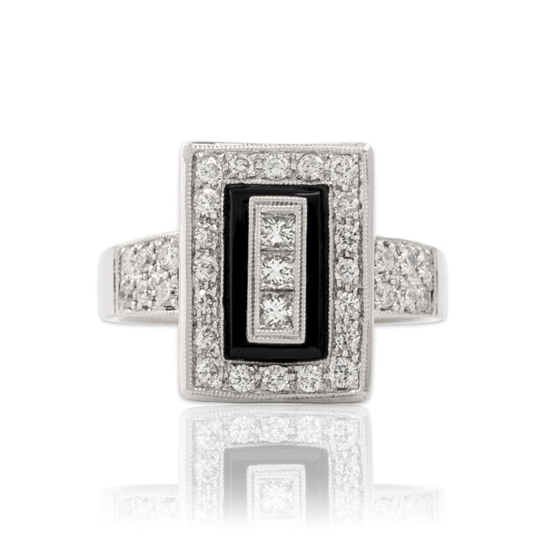Vintage 14k White Gold .68cttw Diamond Onyx Dazzling Art Deco Style Ring 7.25