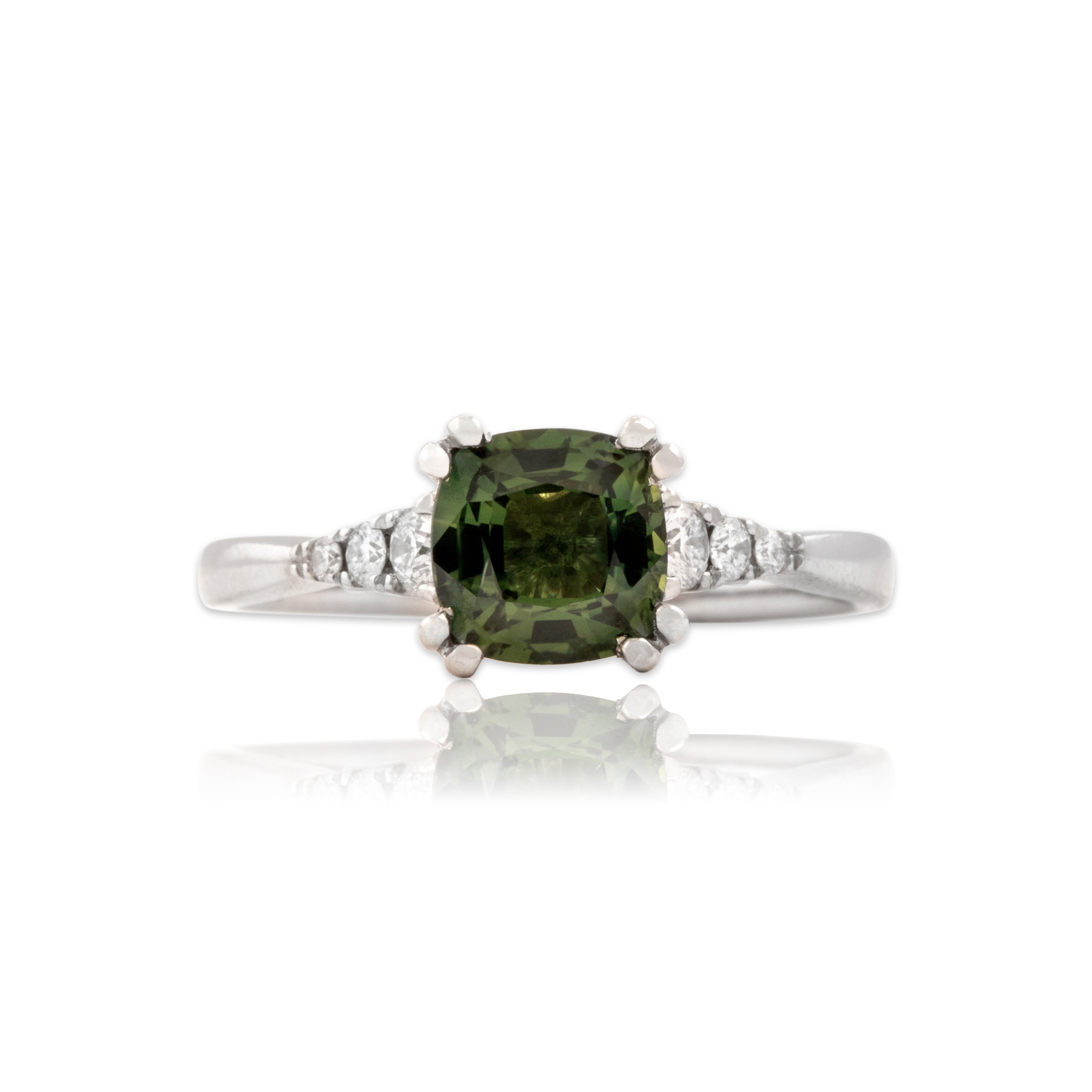 Estate 14k White Gold 1.4ct Green Sapphire Diamond Stunning Cushion Ring - Close-up view