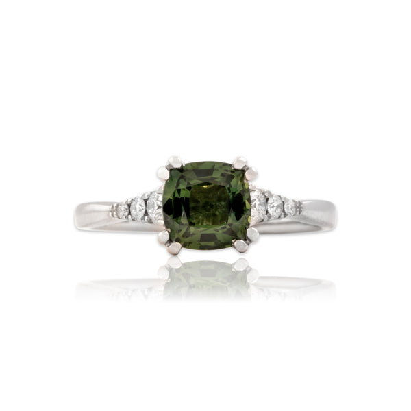 Estate 14k White Gold 1.4ct Green Sapphire Diamond Stunning Cushion Ring 8.00