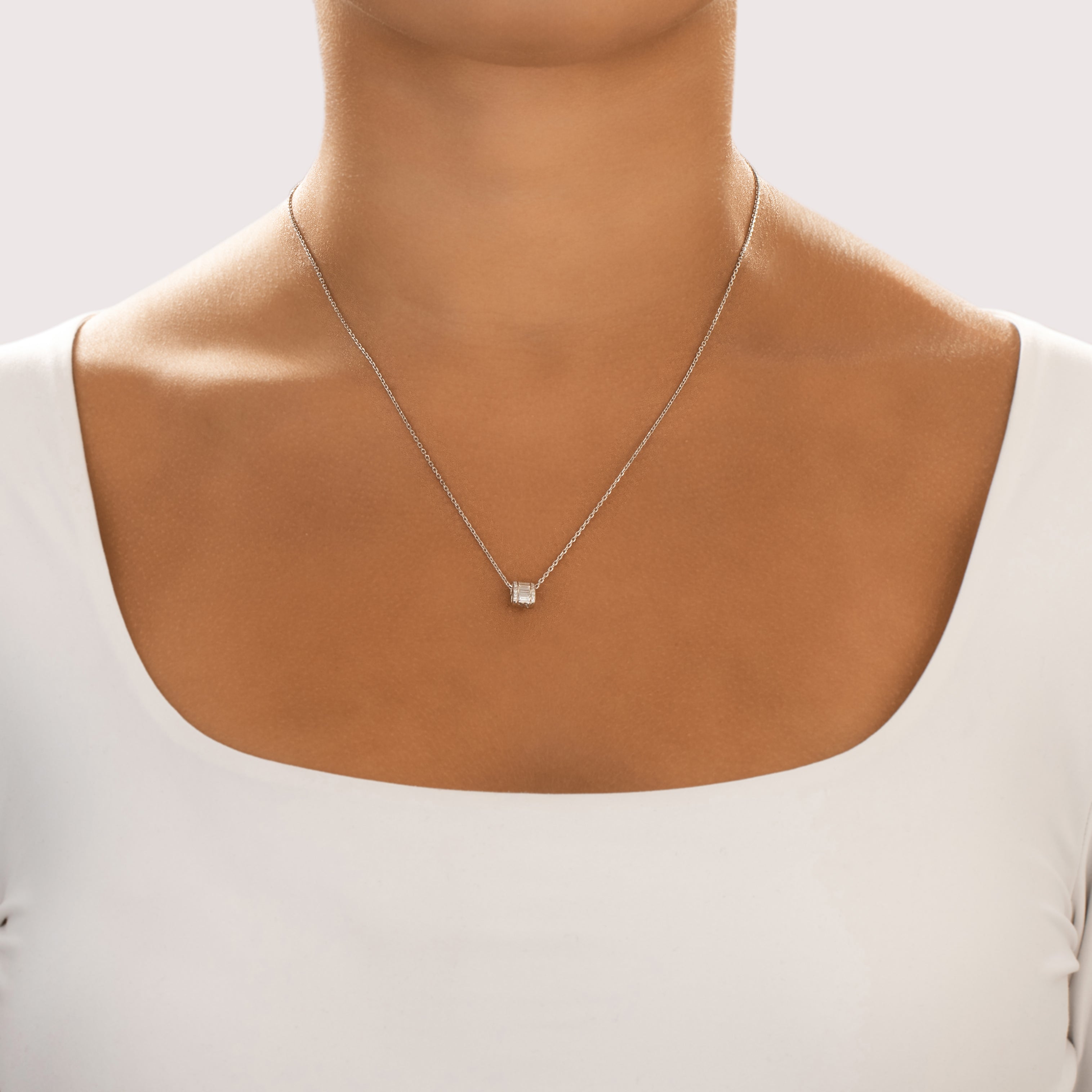 Estate Small 18k White Gold [Custom Carat] Sleek Channel Slide Pendant - On model view