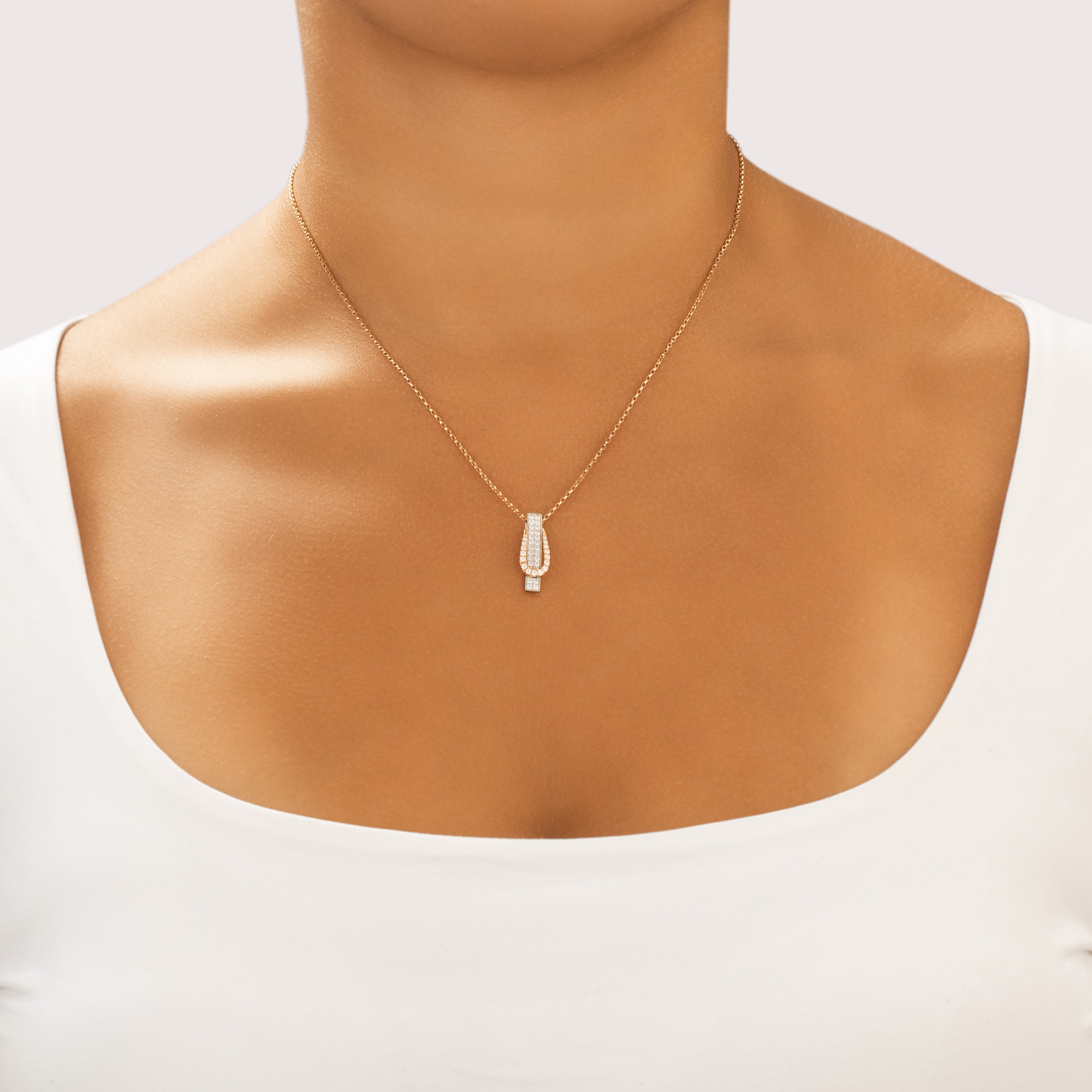 Estate Simon G. 18k White & Rose Gold [Custom Carat] Dazzling Buckle Slide Pendant - On model view