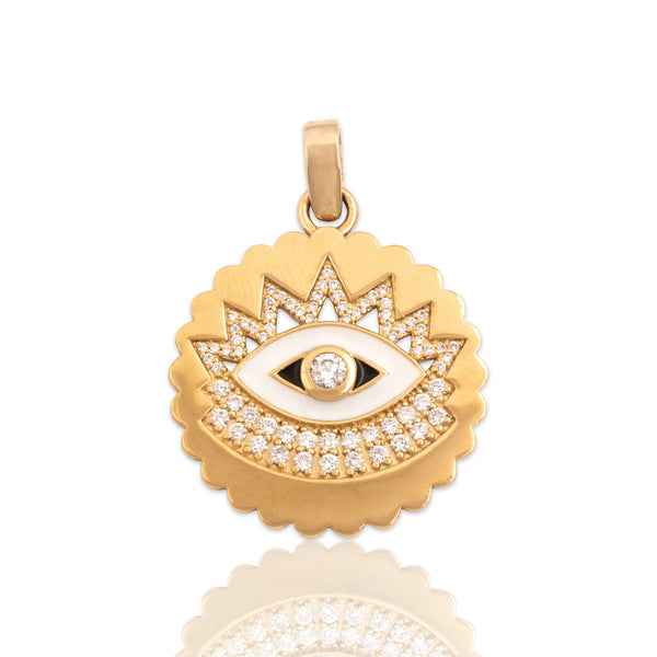 Estate Buddha Mama 20k Yellow Gold Diamond Enamel Evil Eye Medallion Pendant