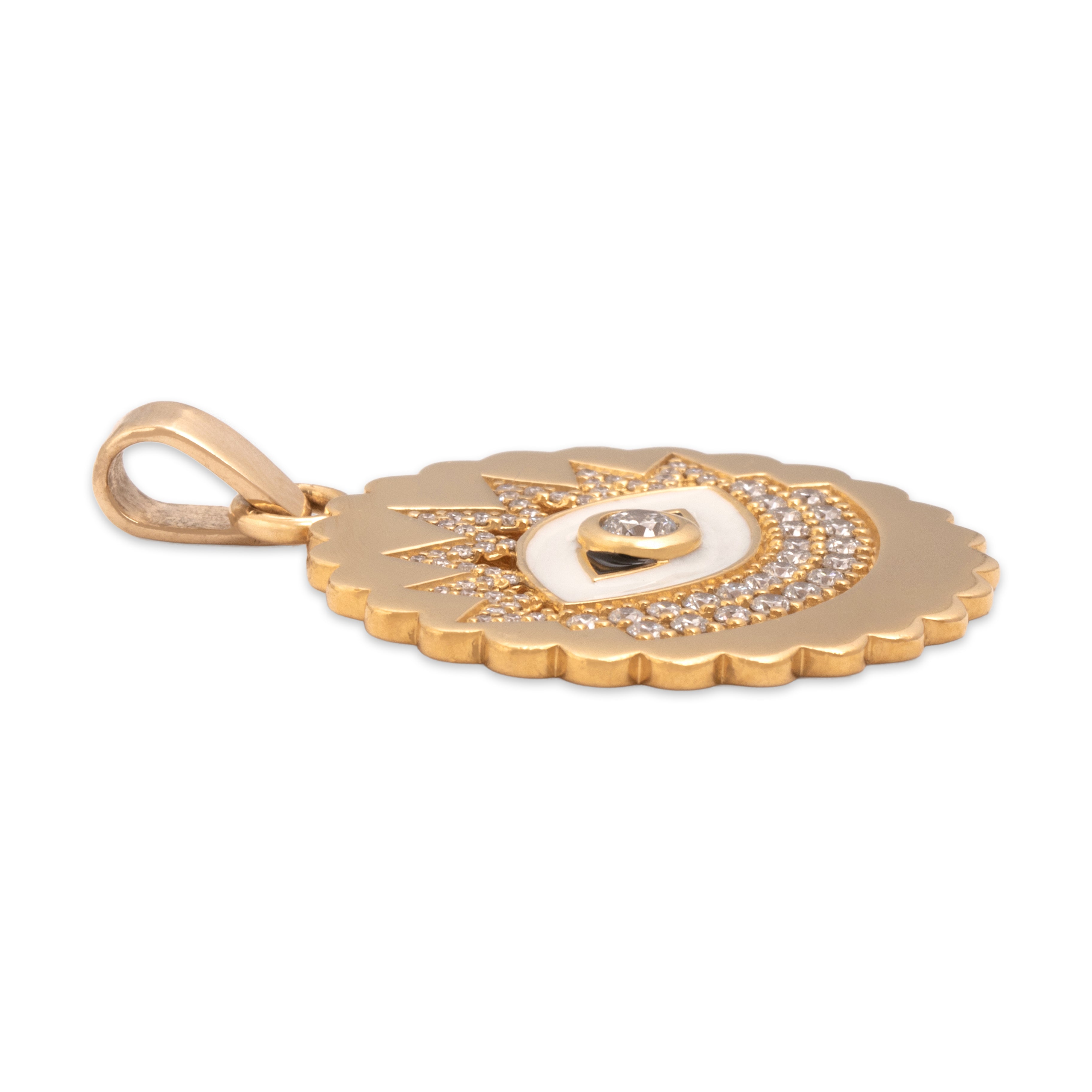 Estate Buddha Mama 20k Yellow Gold Diamond Scalloped White Enamel Evil Eye Medallion Pendant - Side view
