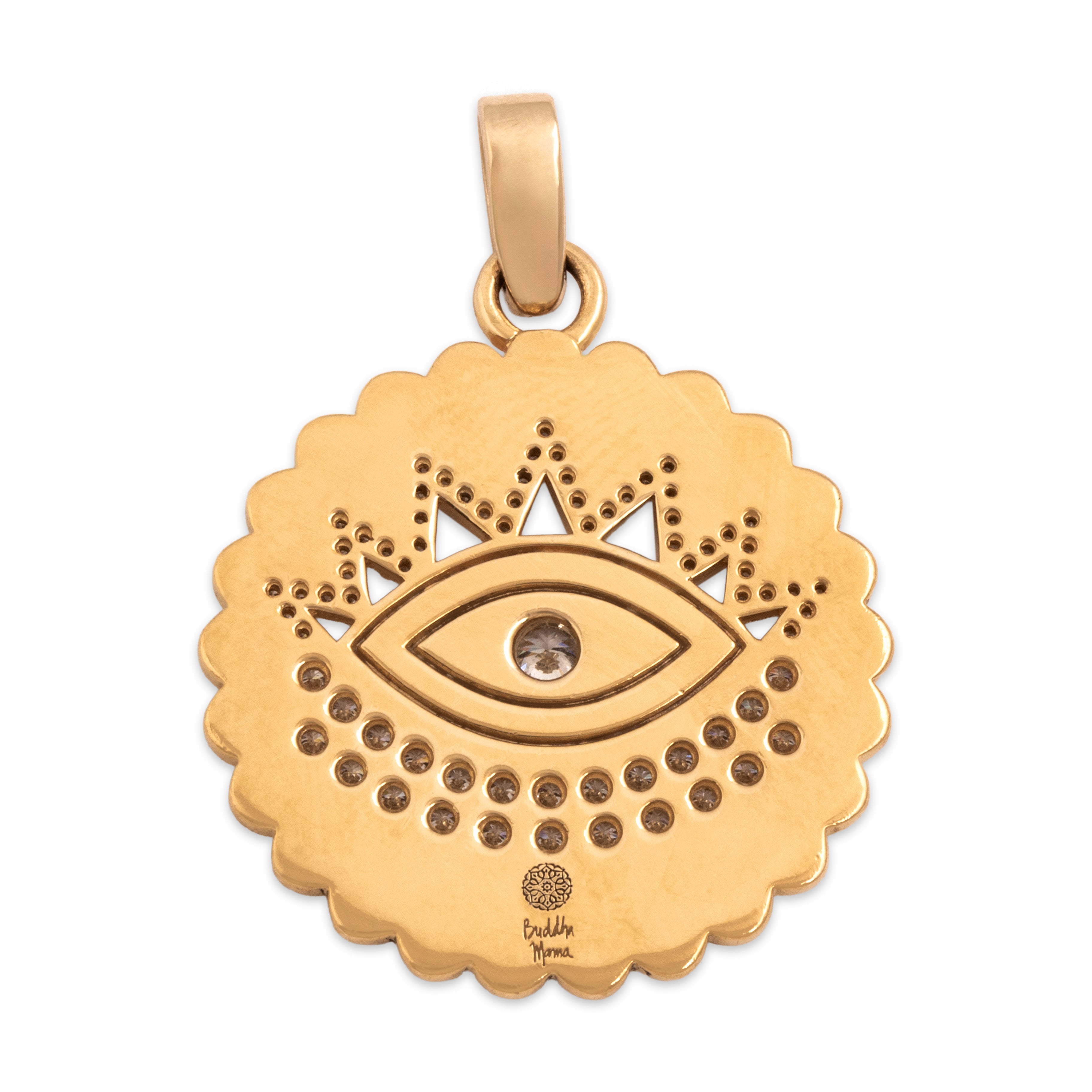 Estate Buddha Mama 20k Yellow Gold Diamond Scalloped White Enamel Evil Eye Medallion Pendant - Back view