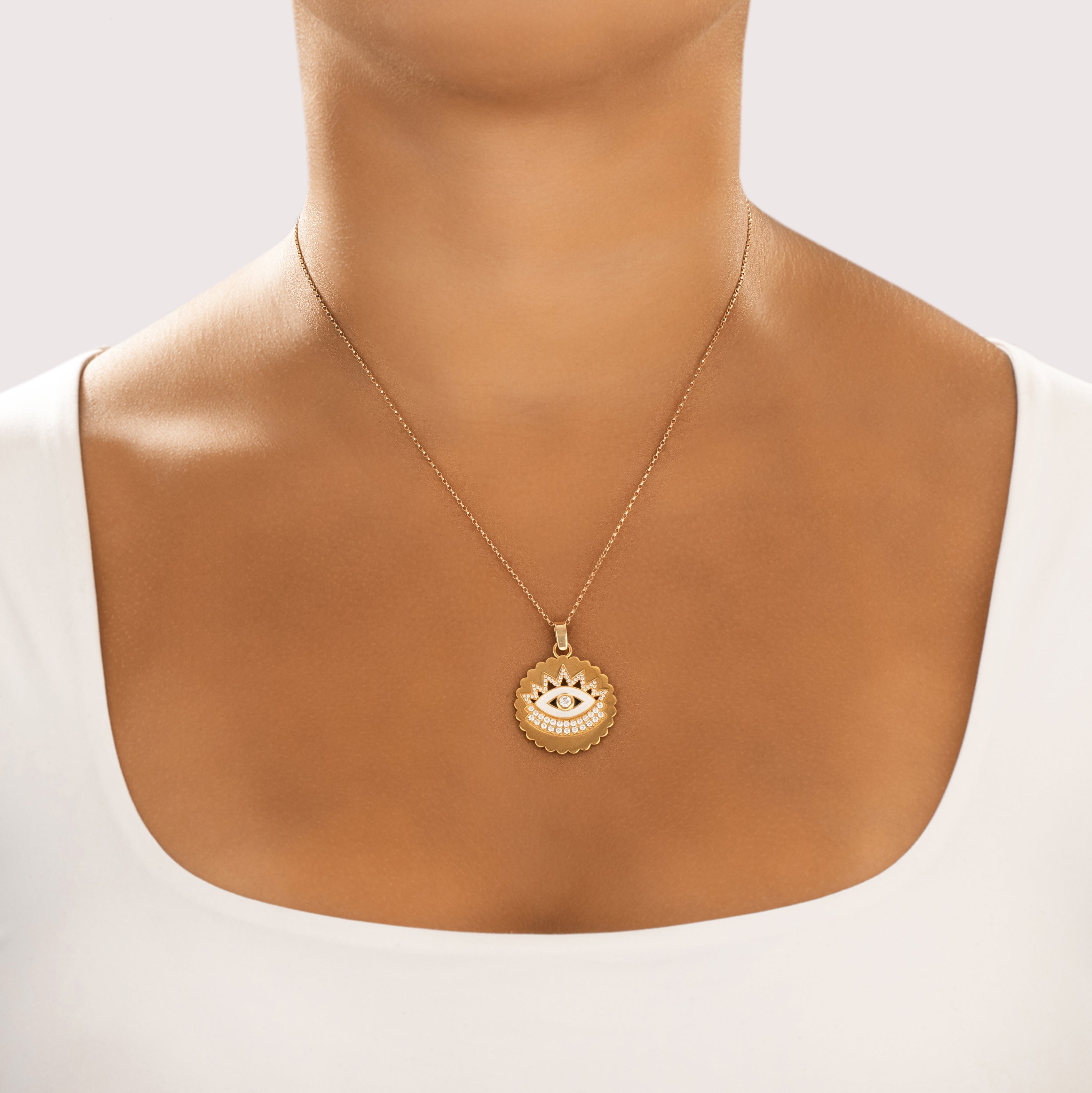 Estate Buddha Mama 20k Yellow Gold Diamond Scalloped White Enamel Evil Eye Medallion Pendant - On model view