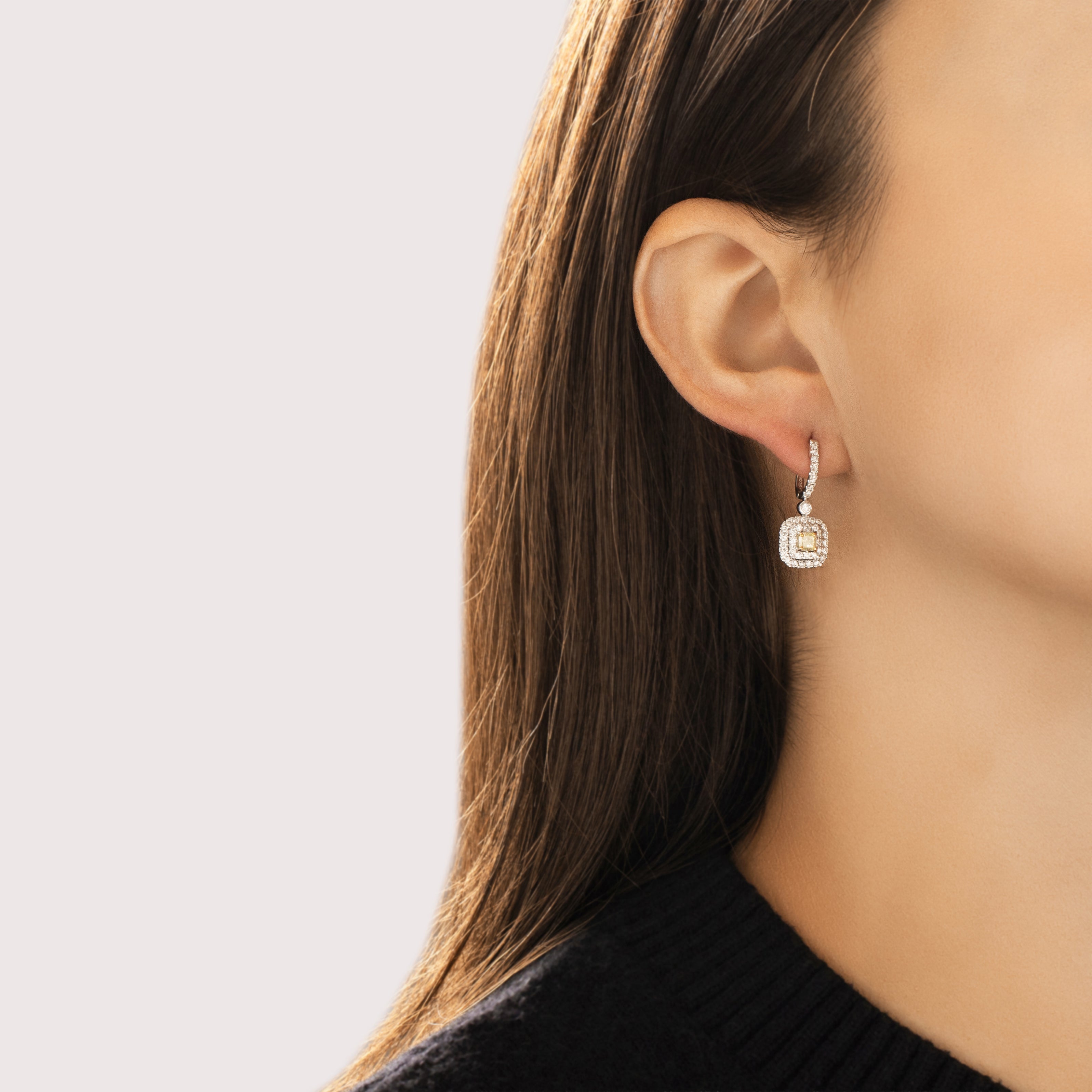 Estate 14k White & Yellow Gold .51cttw White Diamond Yellow Diamond Incredible Glittering Cushion Dangle Earrings - On model view